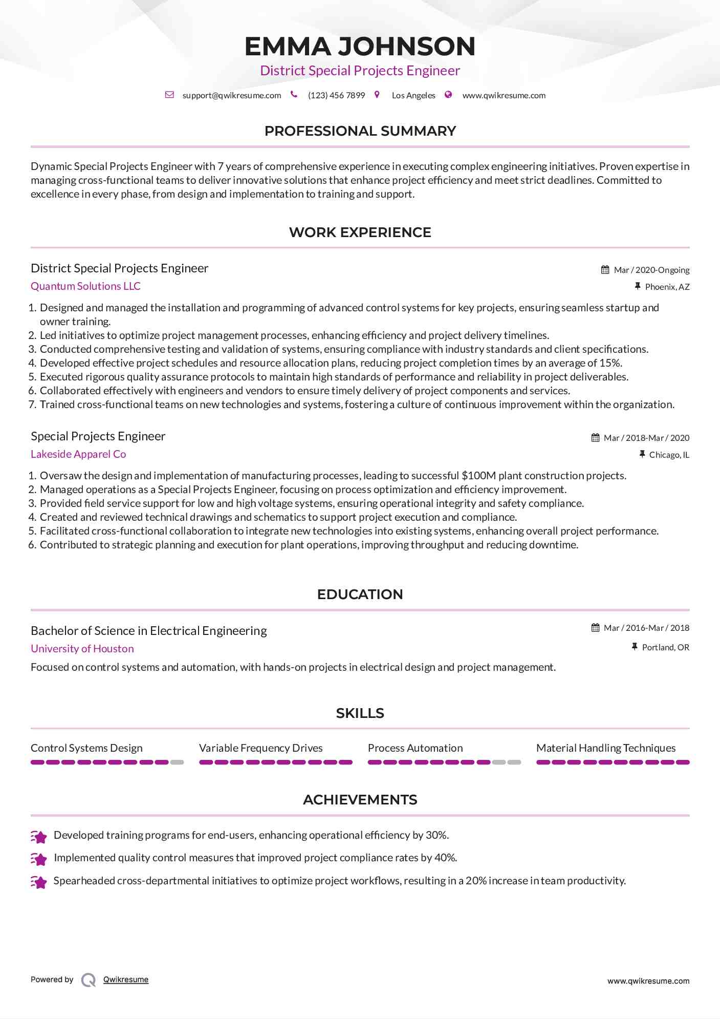 District Special Projects Engineer Resume Sample