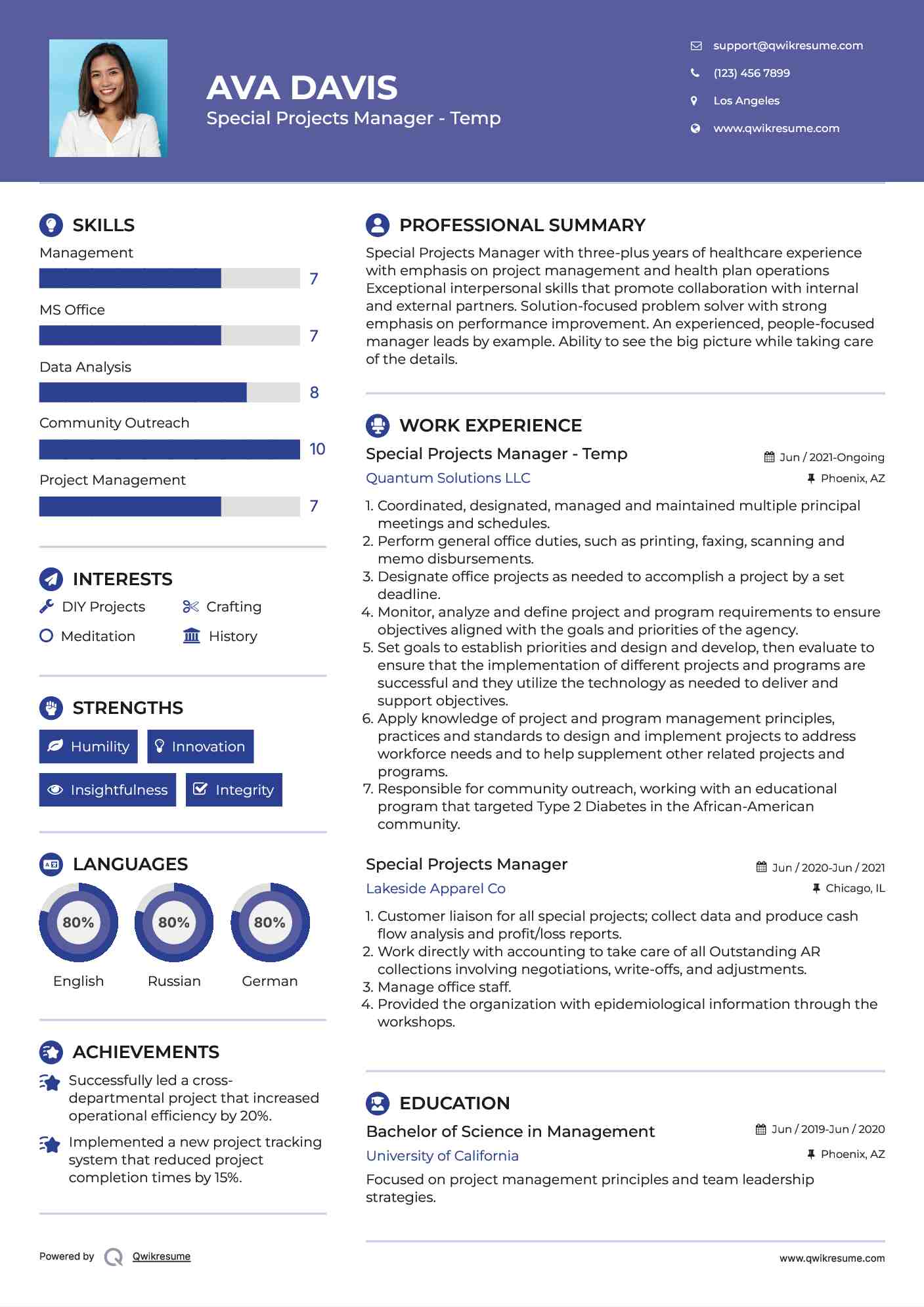 Special Projects Manager - Temp Resume Format