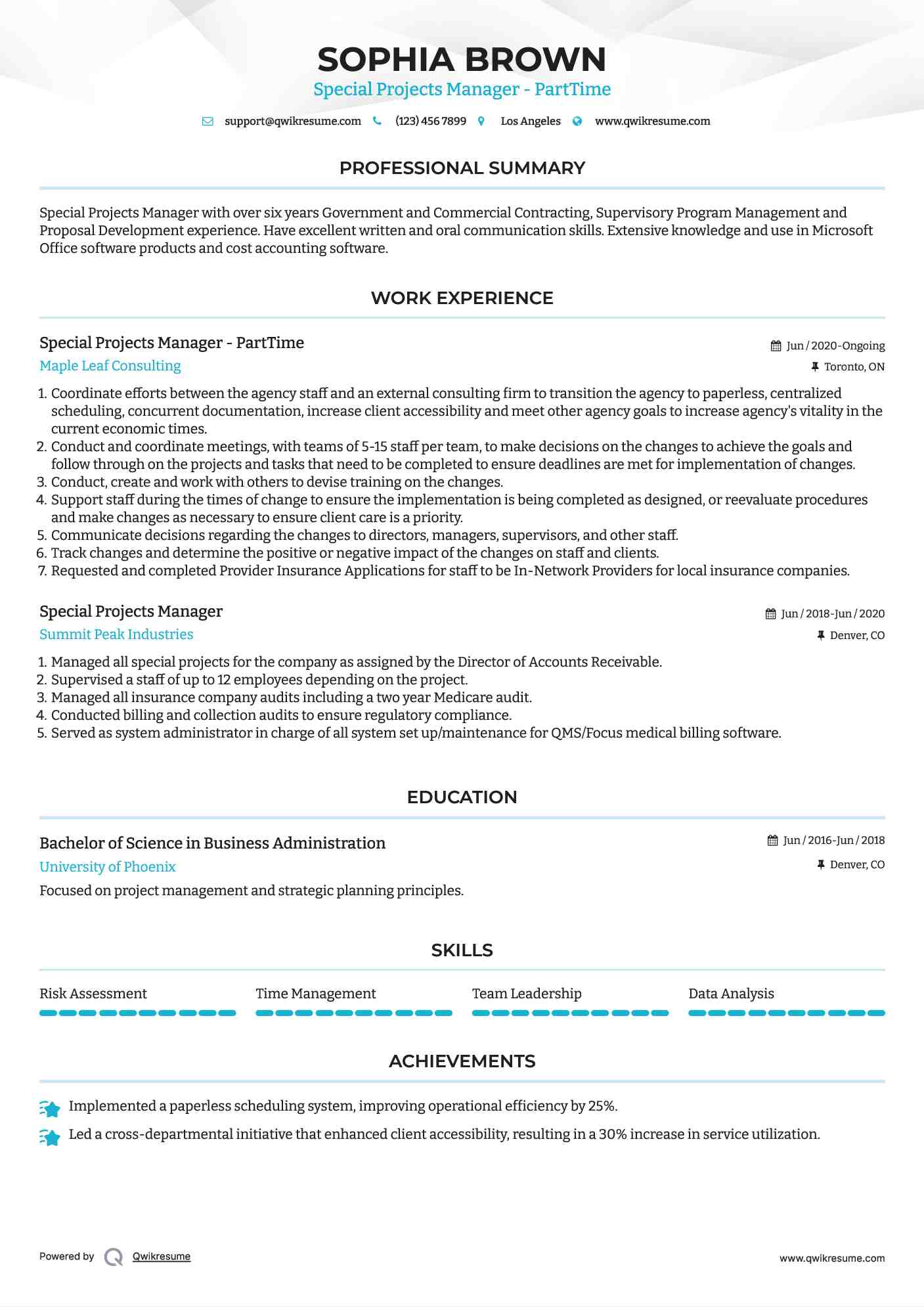 Special Projects Manager - PartTime Resume Template