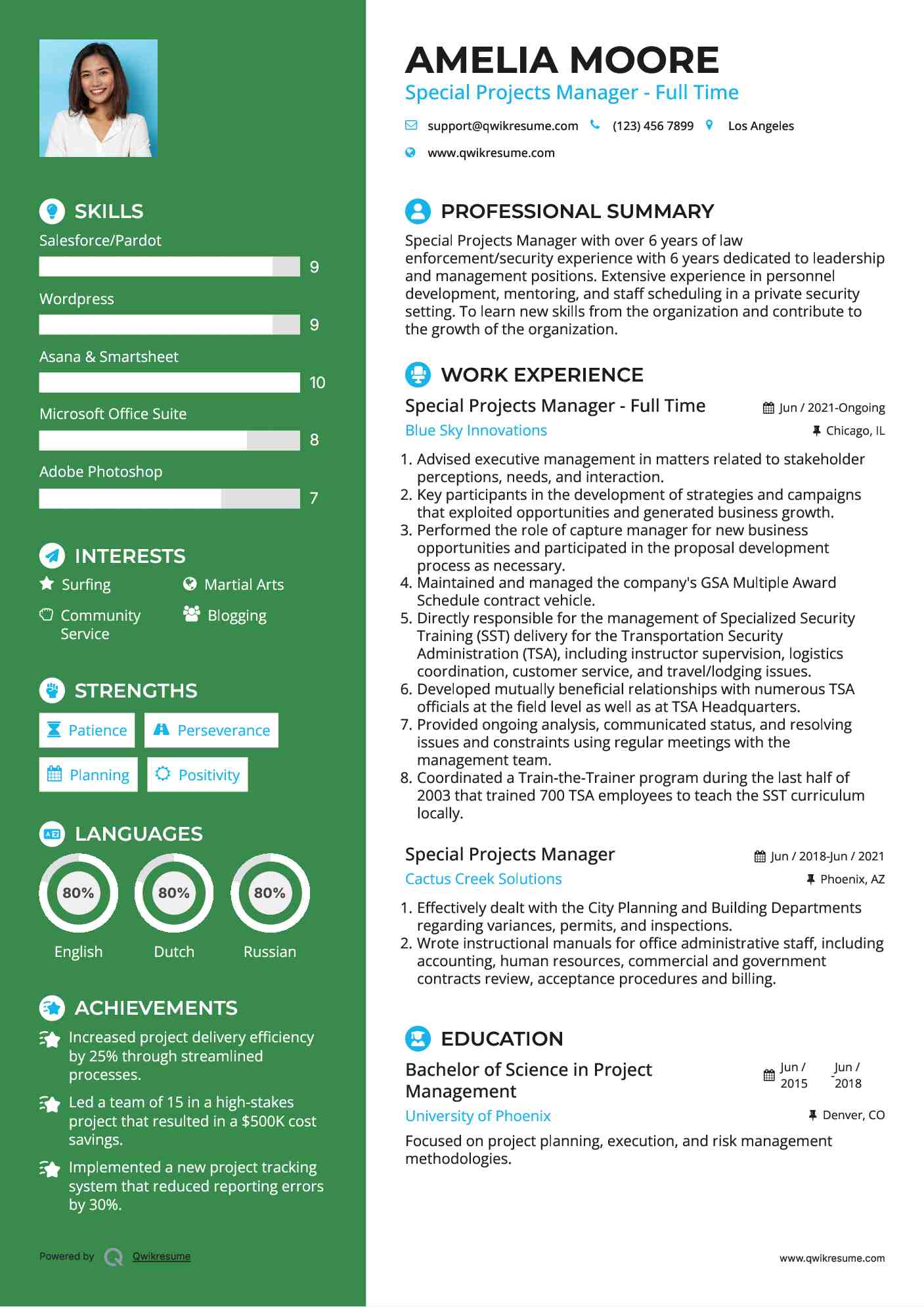 Special Projects Manager - Full Time Resume Template