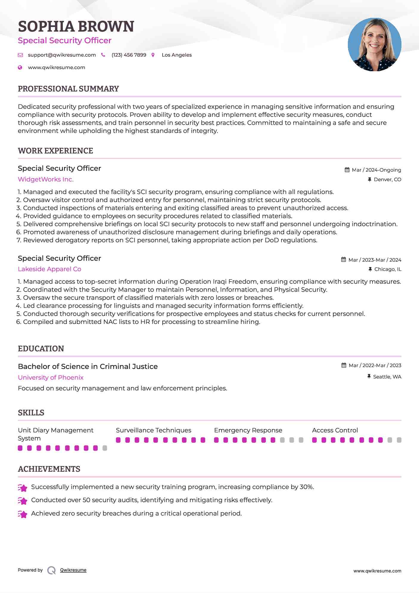 Special Security Officer Resume Sample