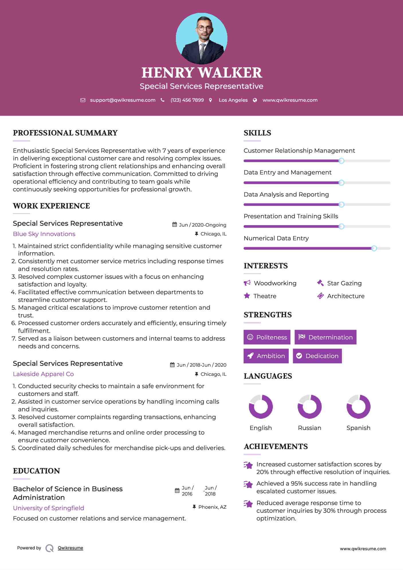 Special Services Representative Resume Example