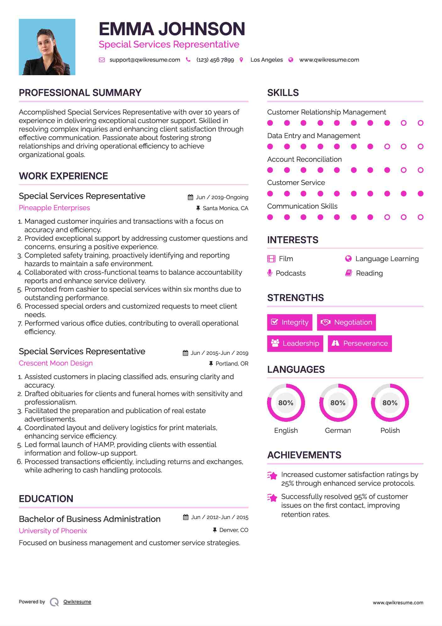 Special Services Representative Resume Template