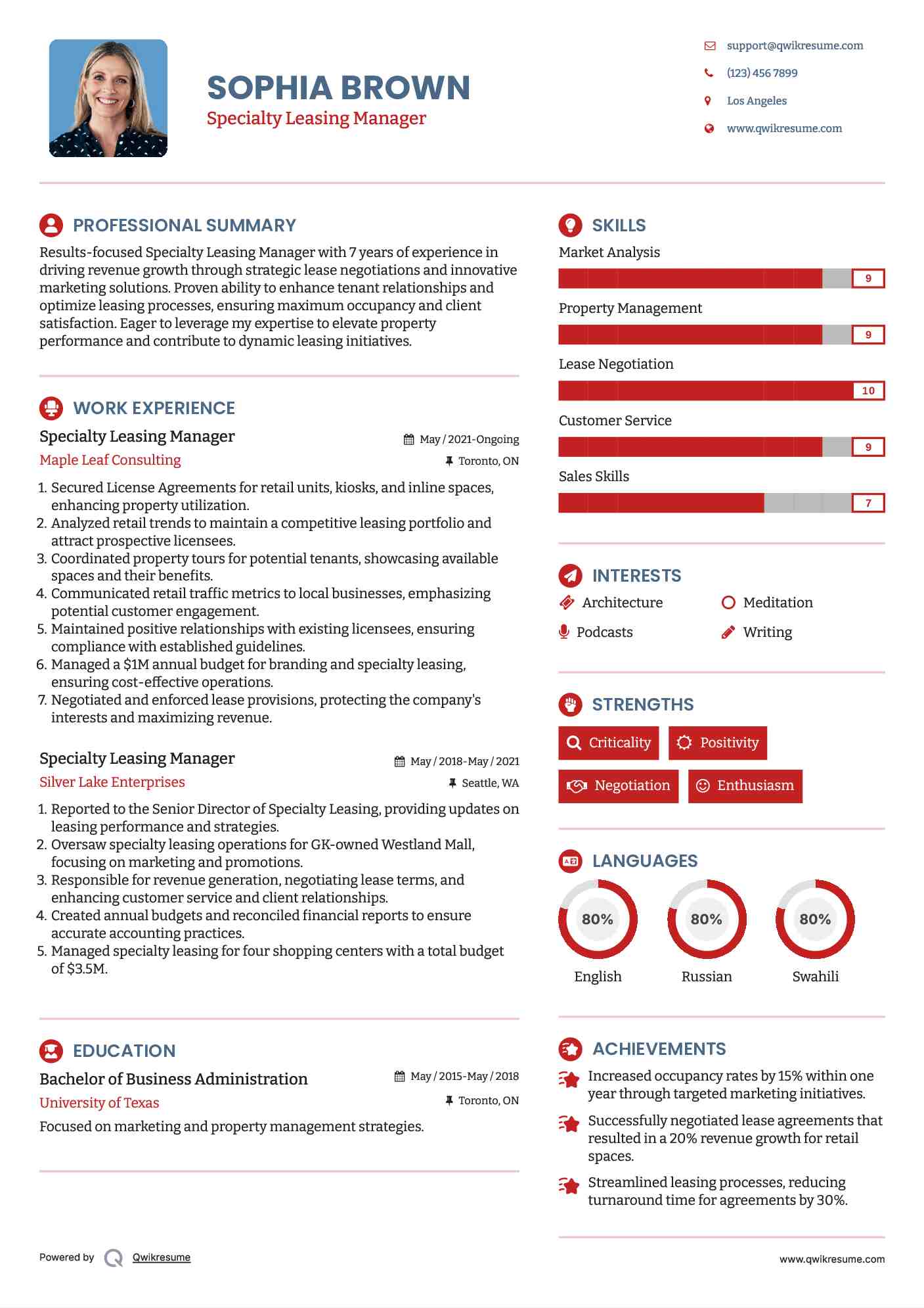 Specialty Leasing Manager Resume Example
