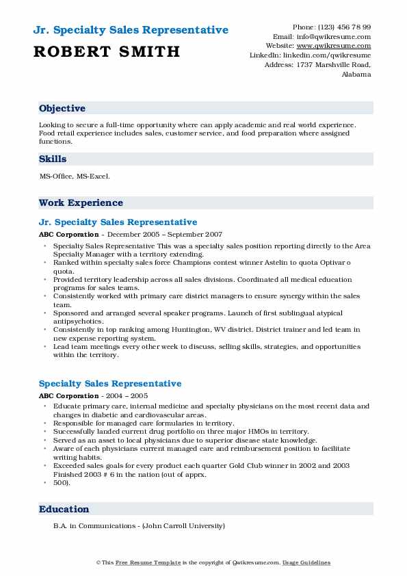 Specialty Sales Representative Resume Samples QwikResume