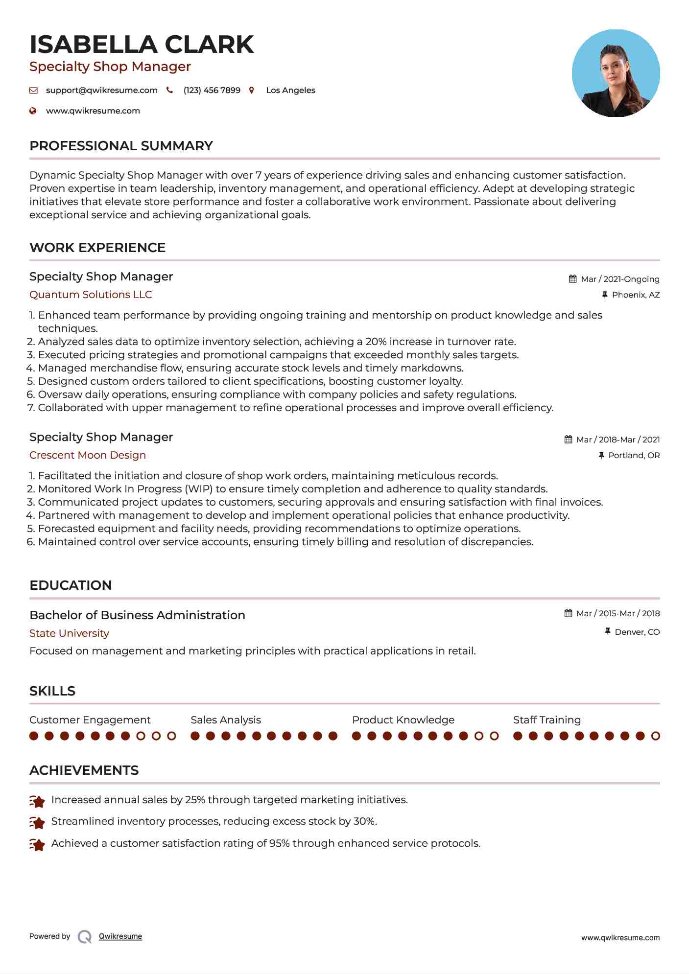 Specialty Shop Manager Resume Example