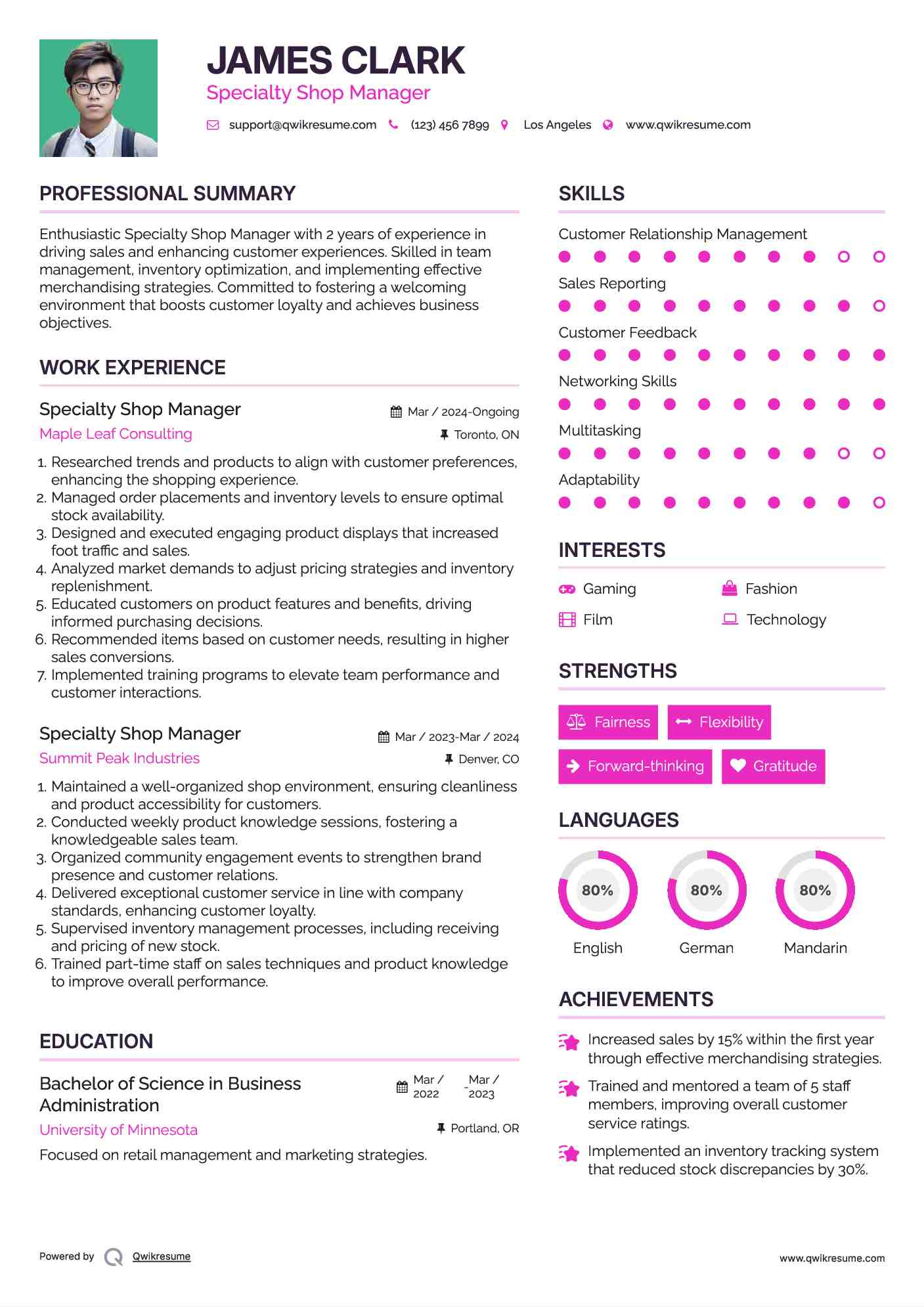 Specialty Shop Manager Resume Sample