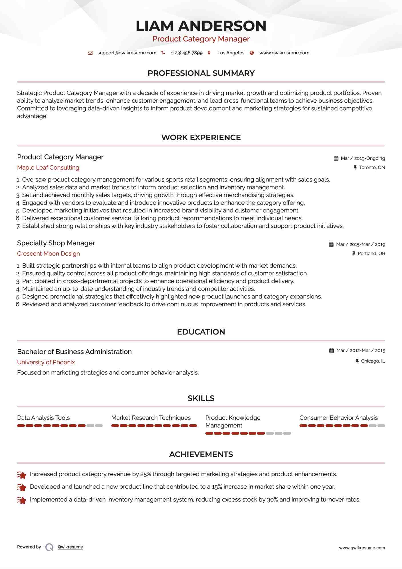 Product Category Manager Resume Format