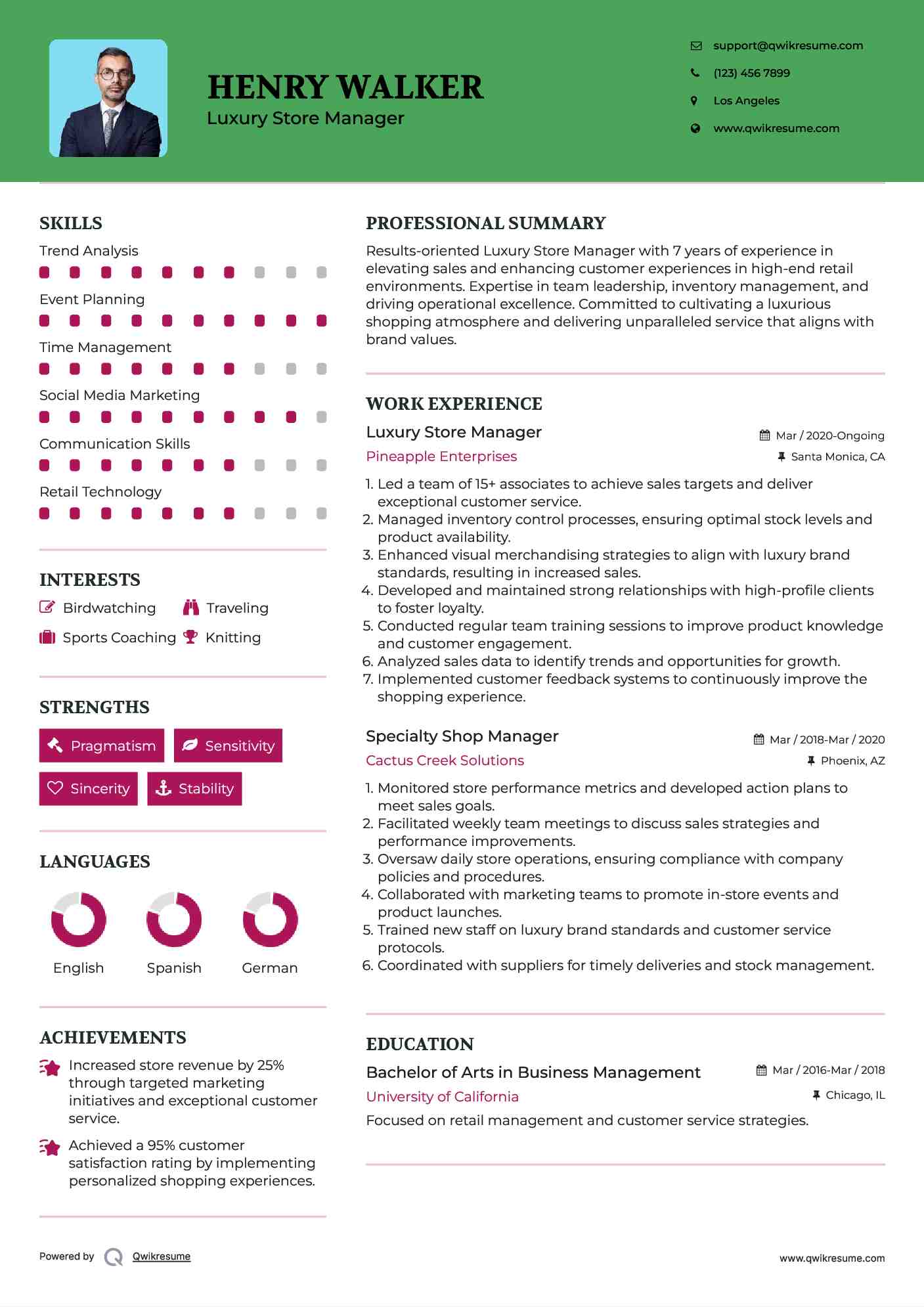 Luxury Store Manager Resume Model