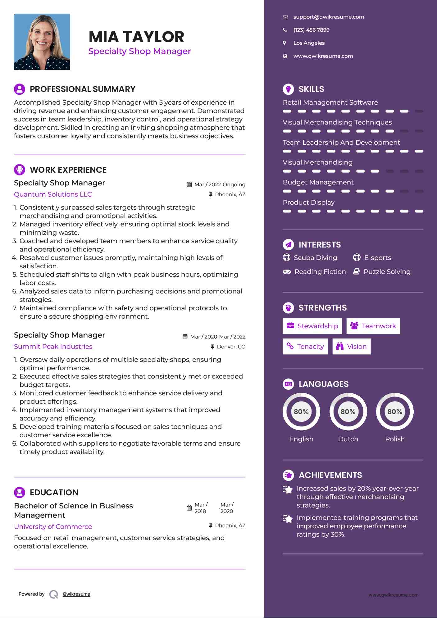 Specialty Shop Manager Resume Model