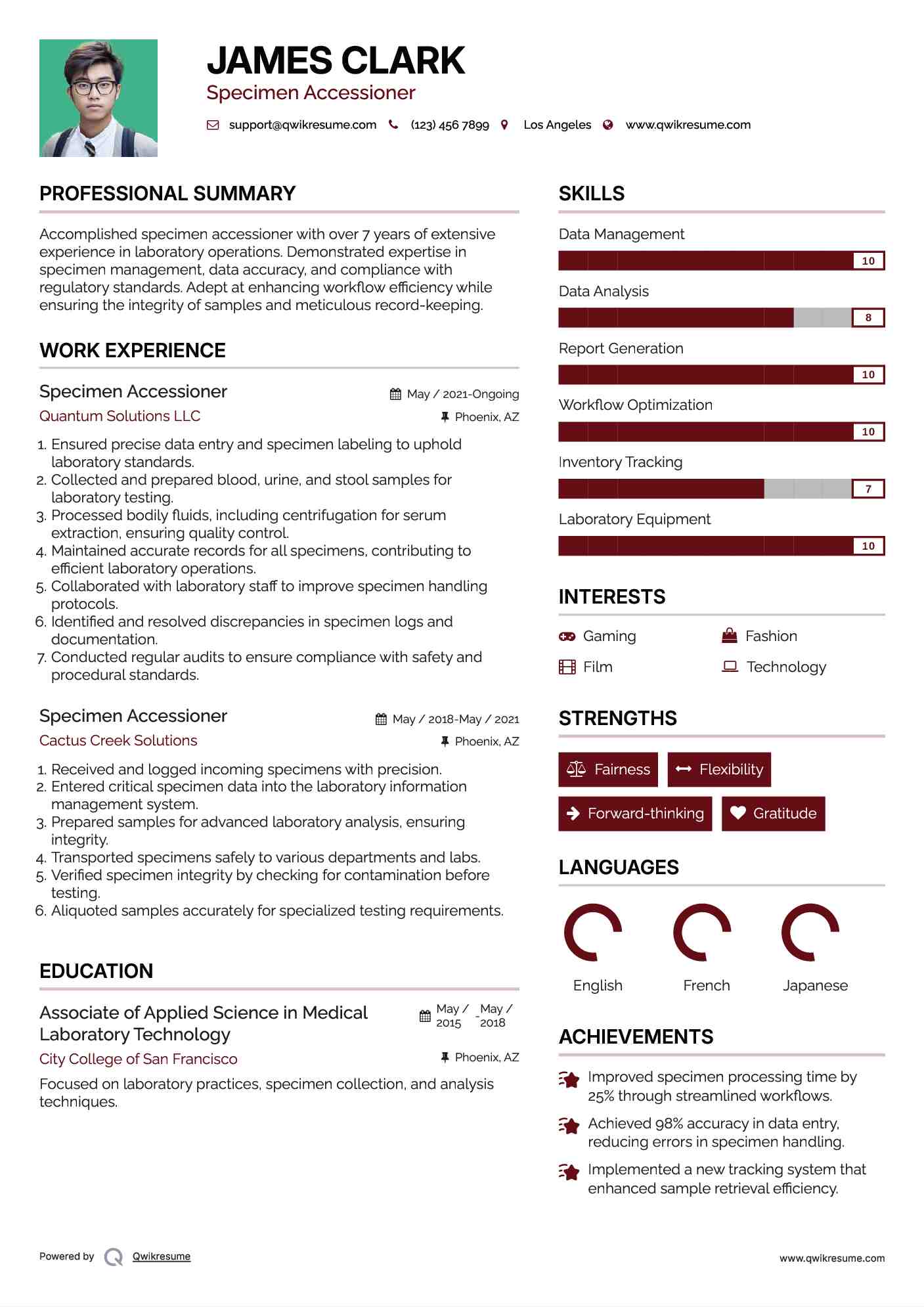 Specimen Accessioner Resume Template