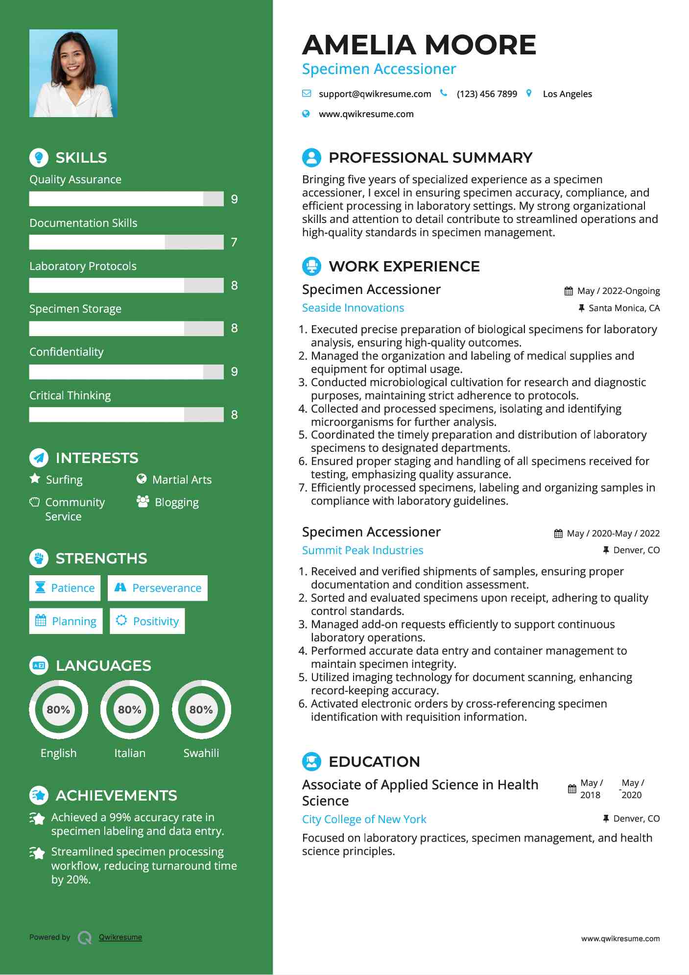 Specimen Accessioner Resume Template