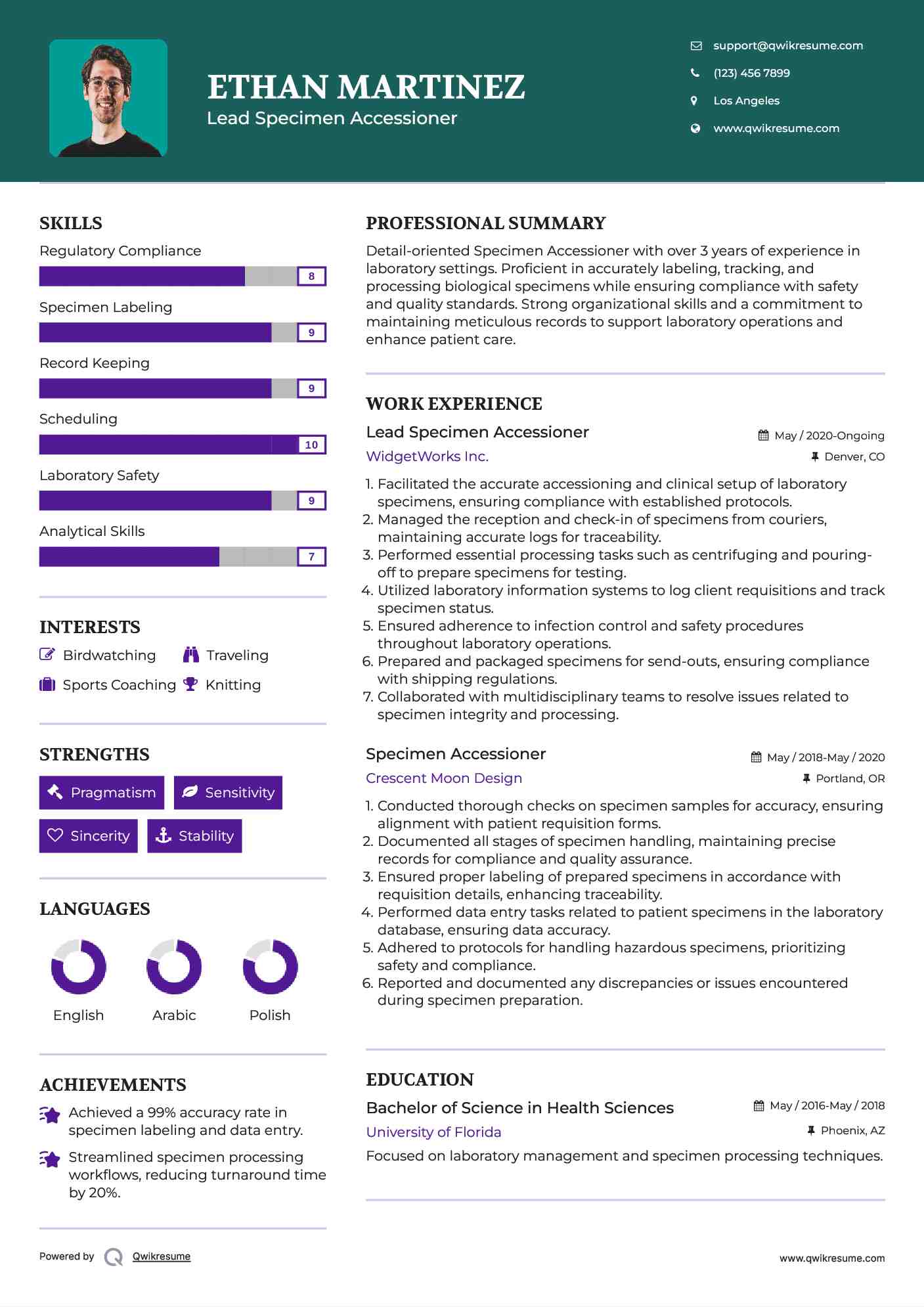 Lead Specimen Accessioner Resume Example