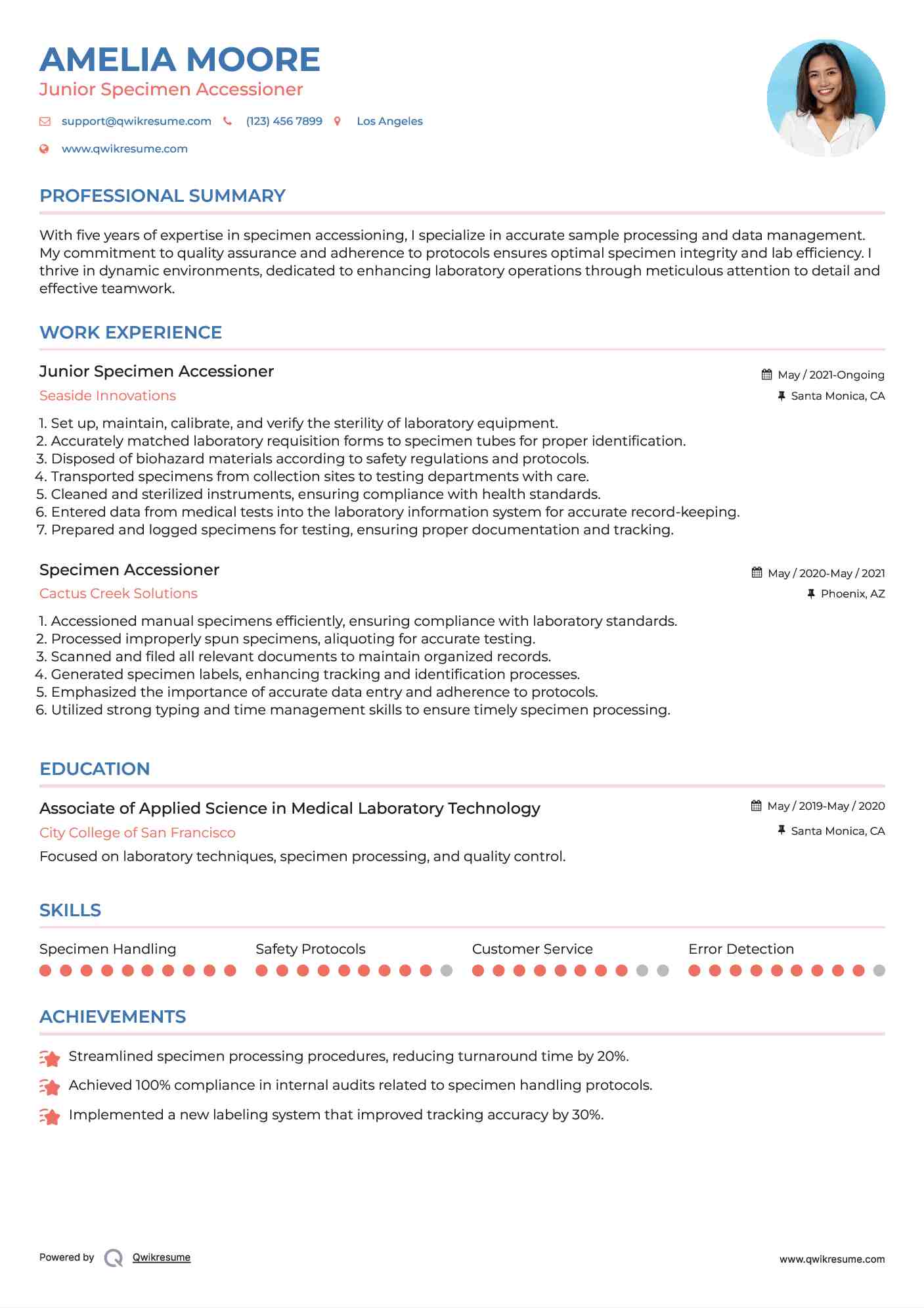 Junior Specimen Accessioner Resume Sample