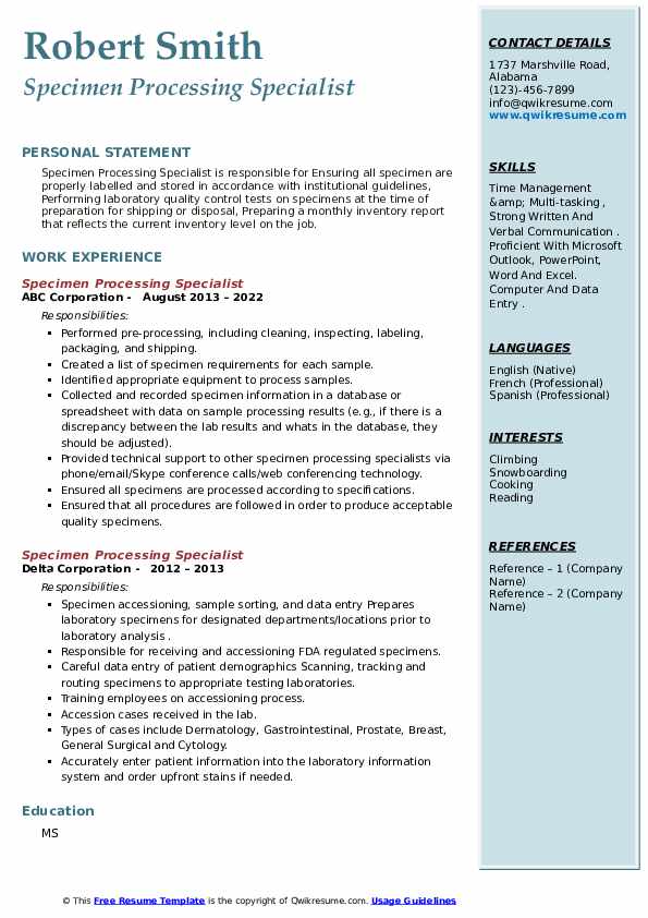 Specimen Processing Specialist Resume Samples QwikResume