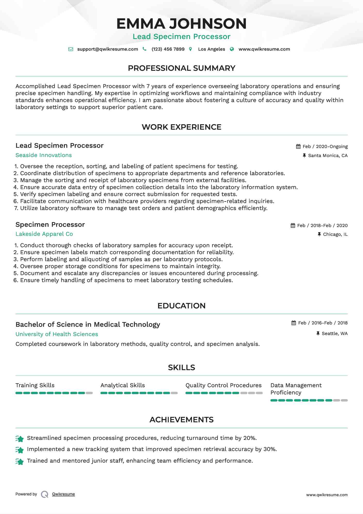 Specimen Processor Resume Samples QwikResume