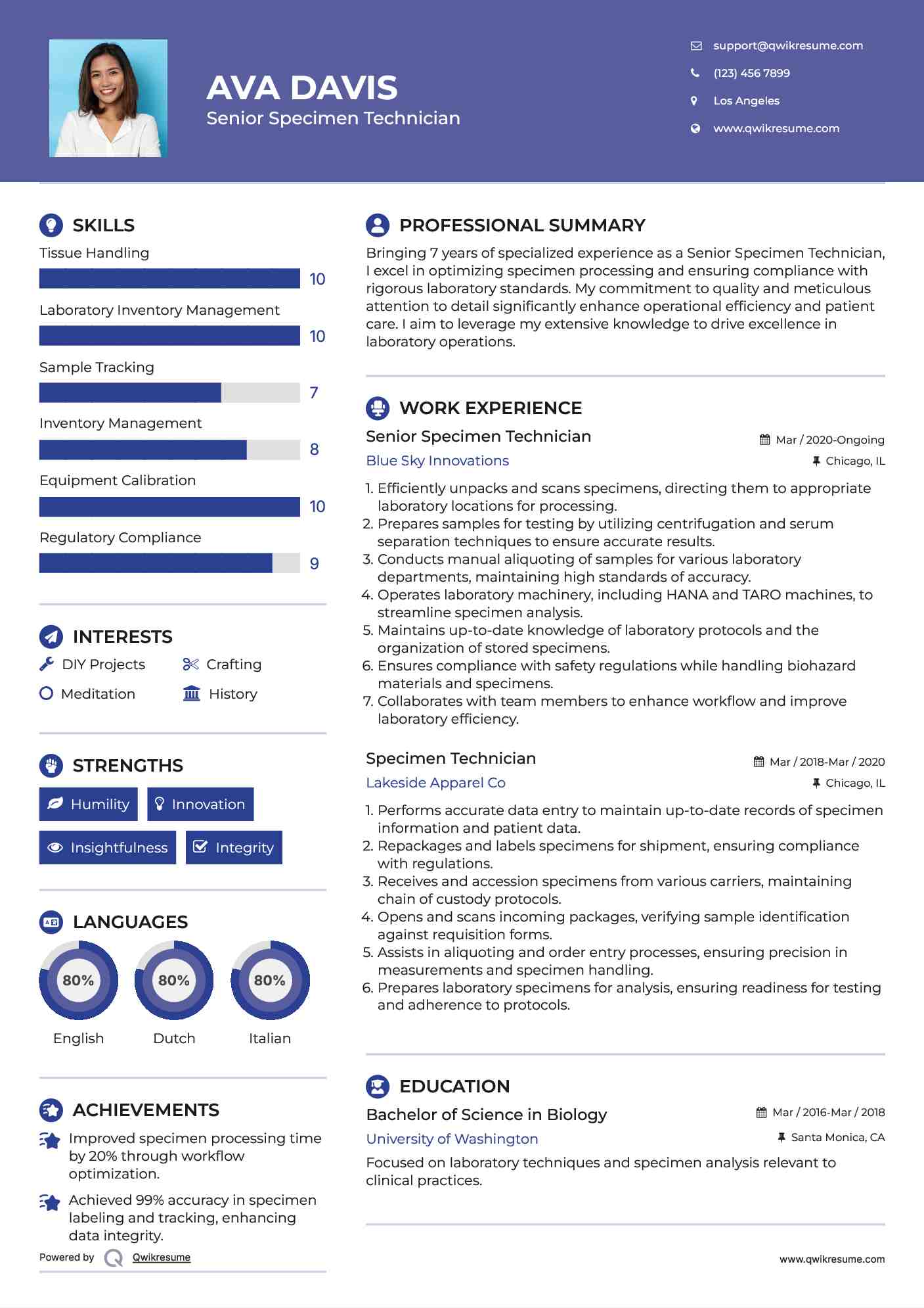 Senior Specimen Technician Resume Example