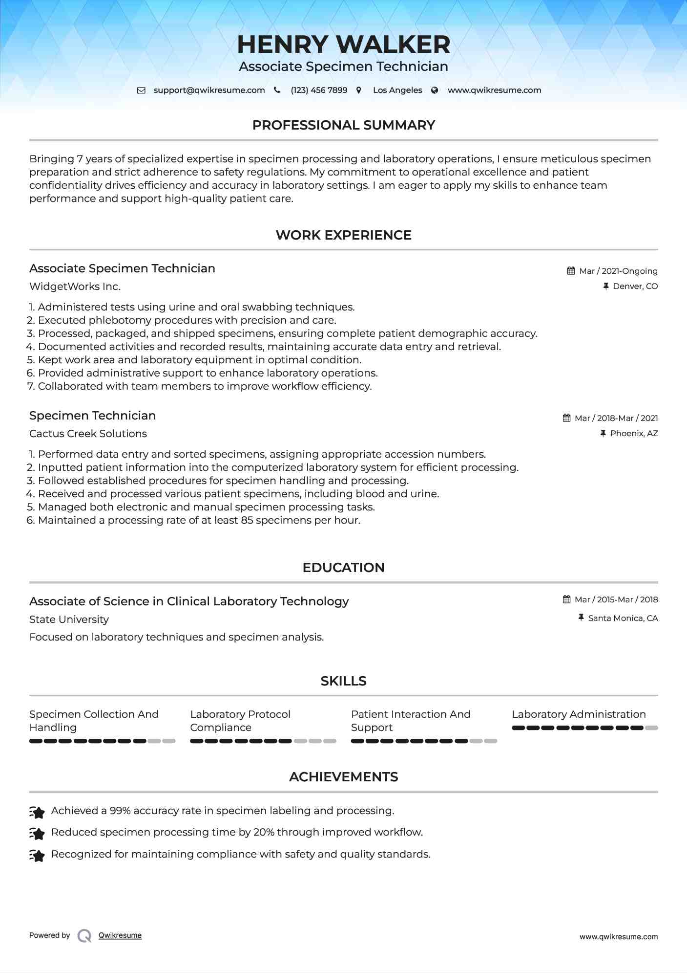 Associate Specimen Technician Resume Format