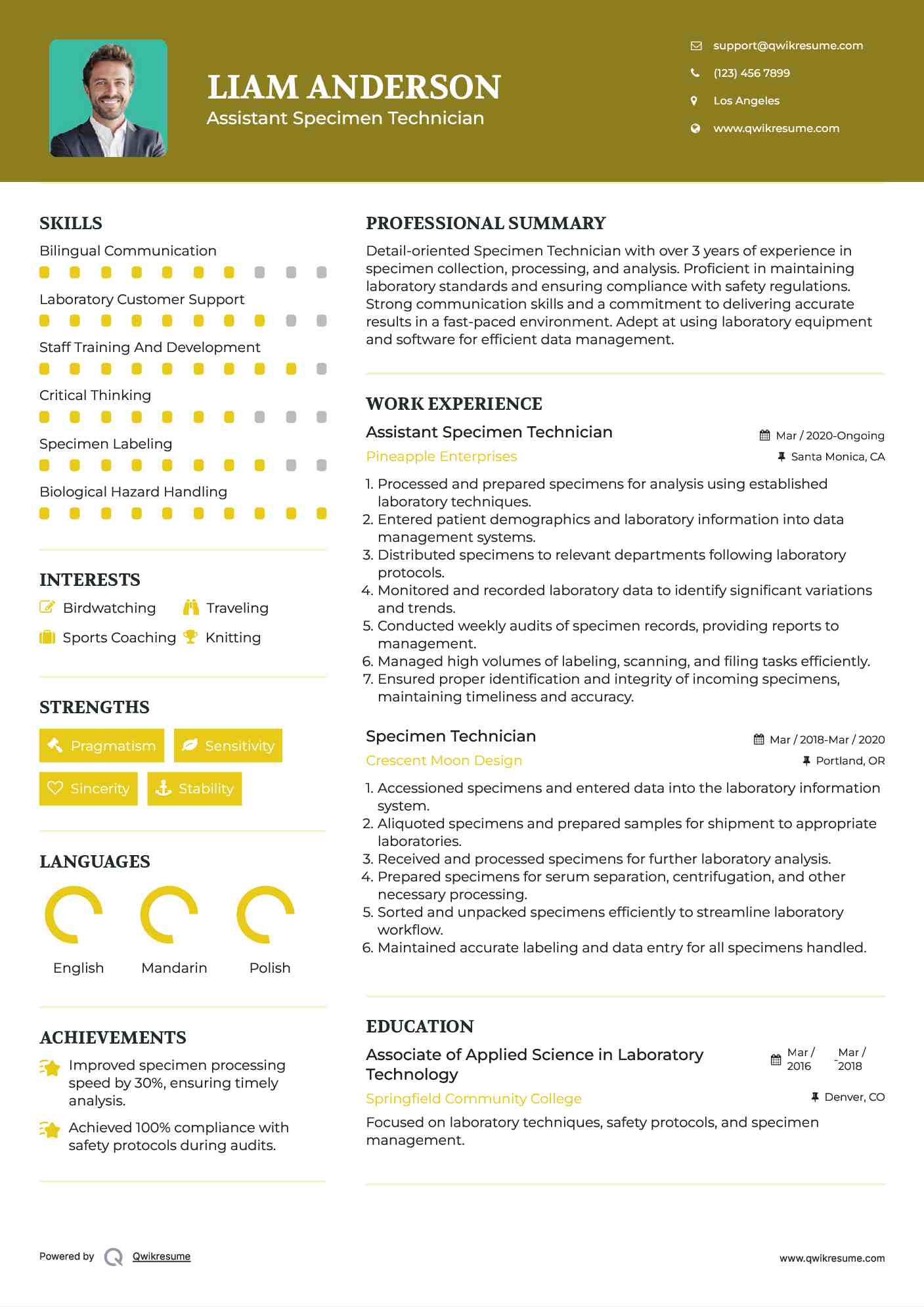 Assistant Specimen Technician Resume Model