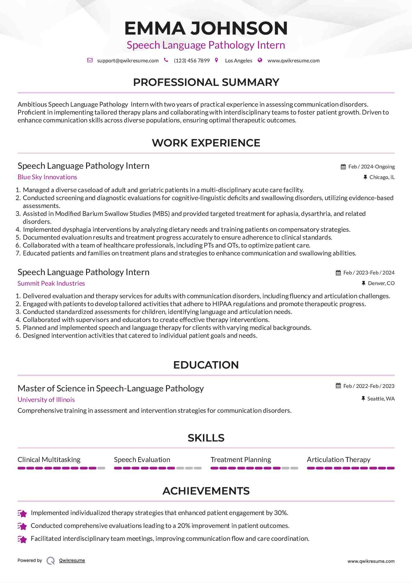 Speech Language Pathology Intern Resume Sample