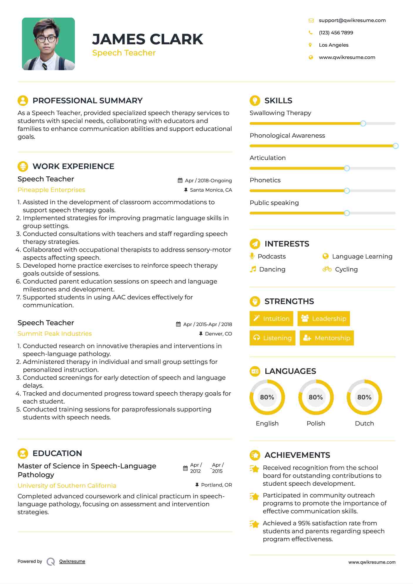 Speech Teacher Resume Model