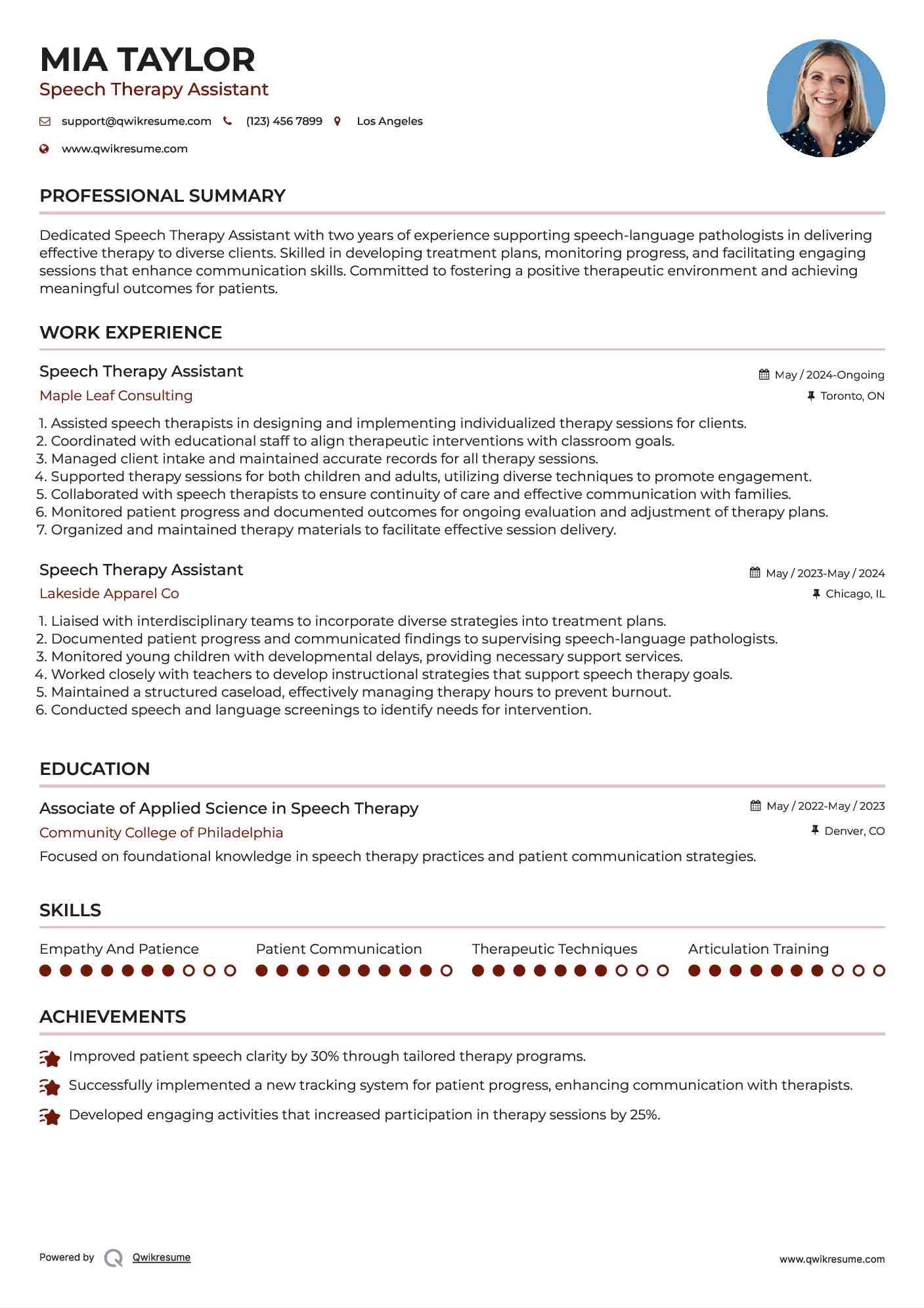 Speech Therapy Assistant Resume Model