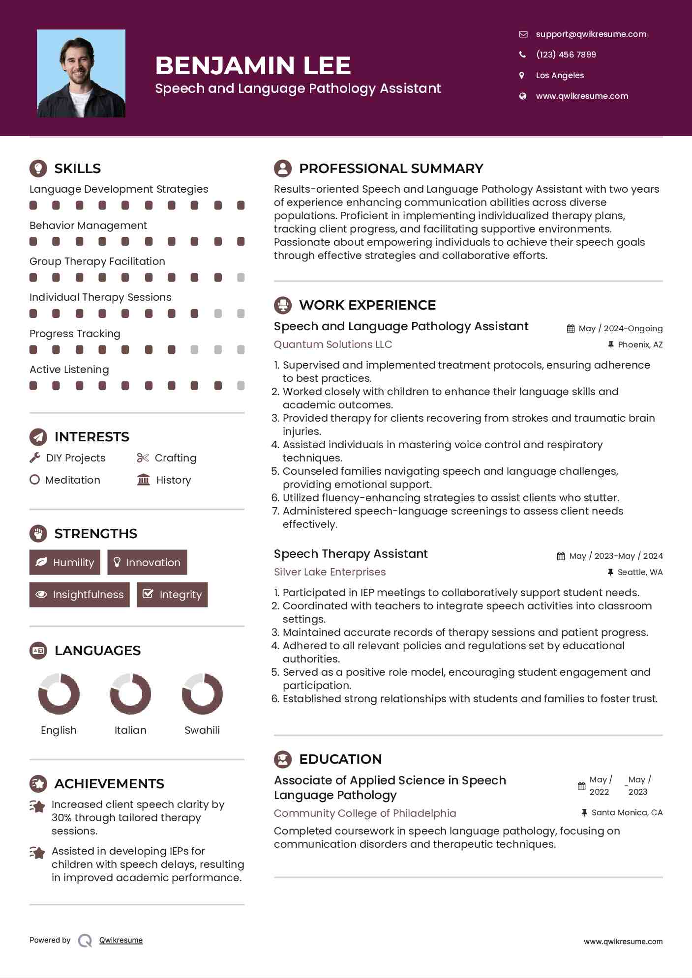 Speech and Language Pathology Assistant Resume Example