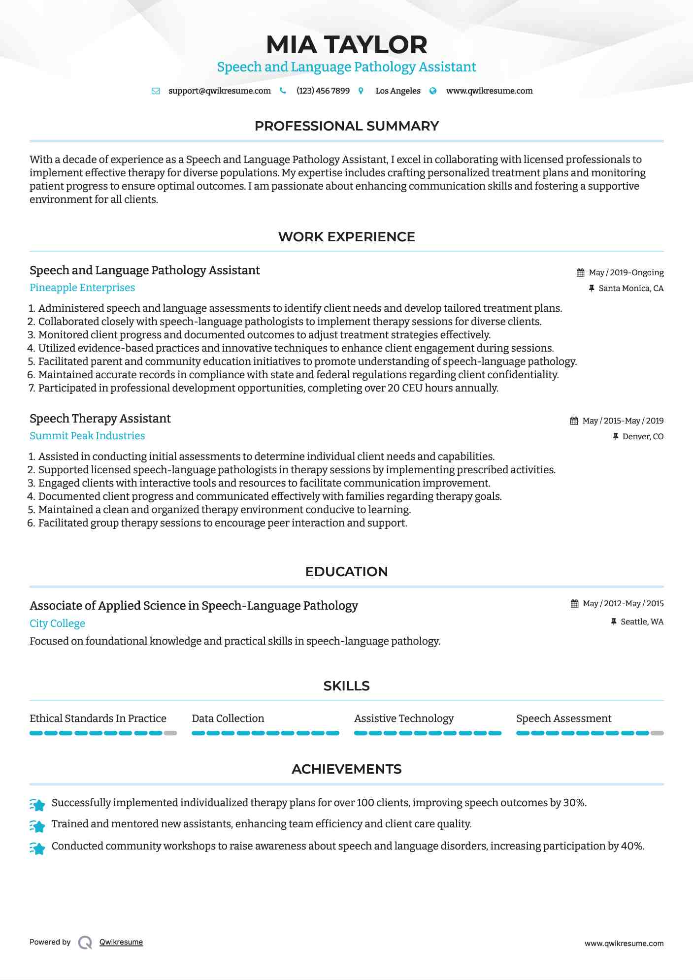 Speech and Language Pathology Assistant Resume Template