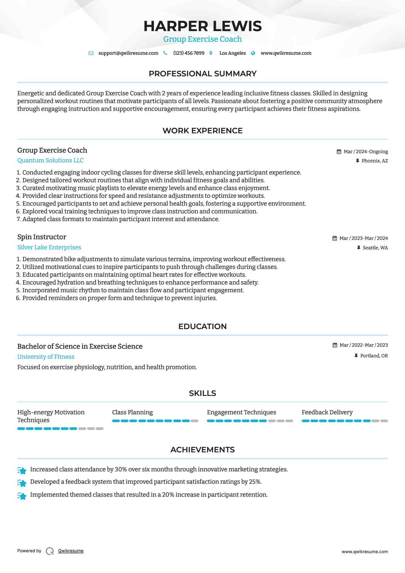 Group Exercise Coach Resume Template