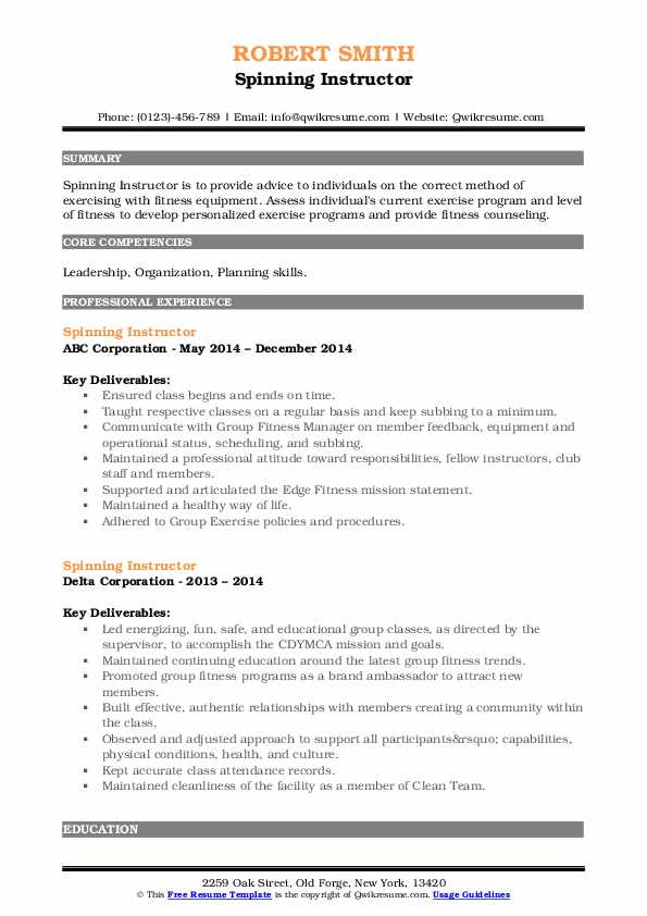 Spinning Instructor Resume Samples QwikResume