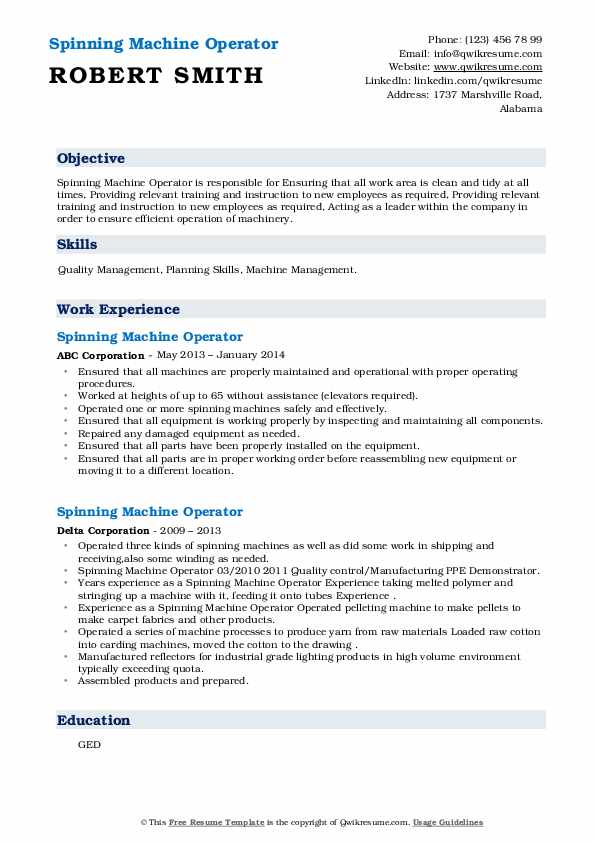 Spinning Machine Operator Resume Samples QwikResume