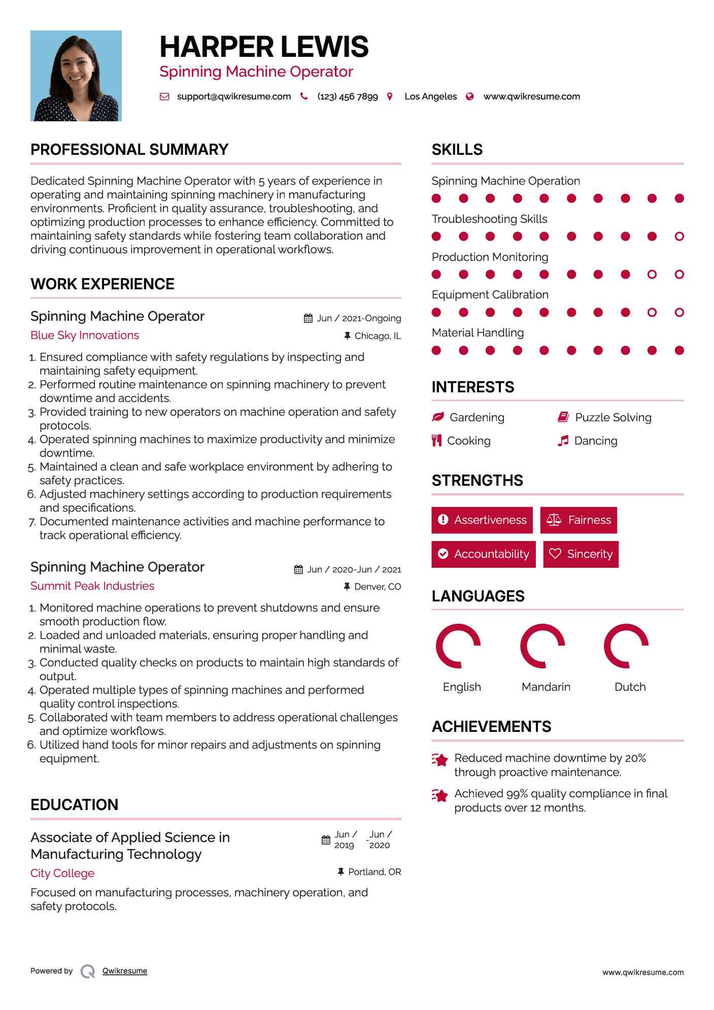 Spinning Machine Operator Resume Example