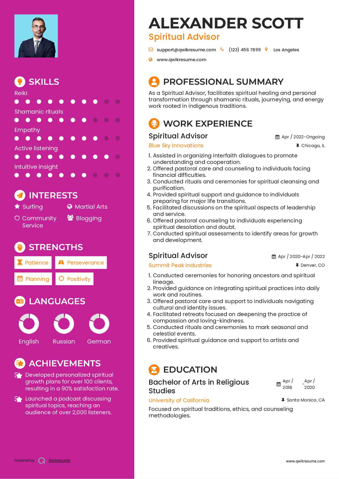 Spiritual Advisor Resume Sample