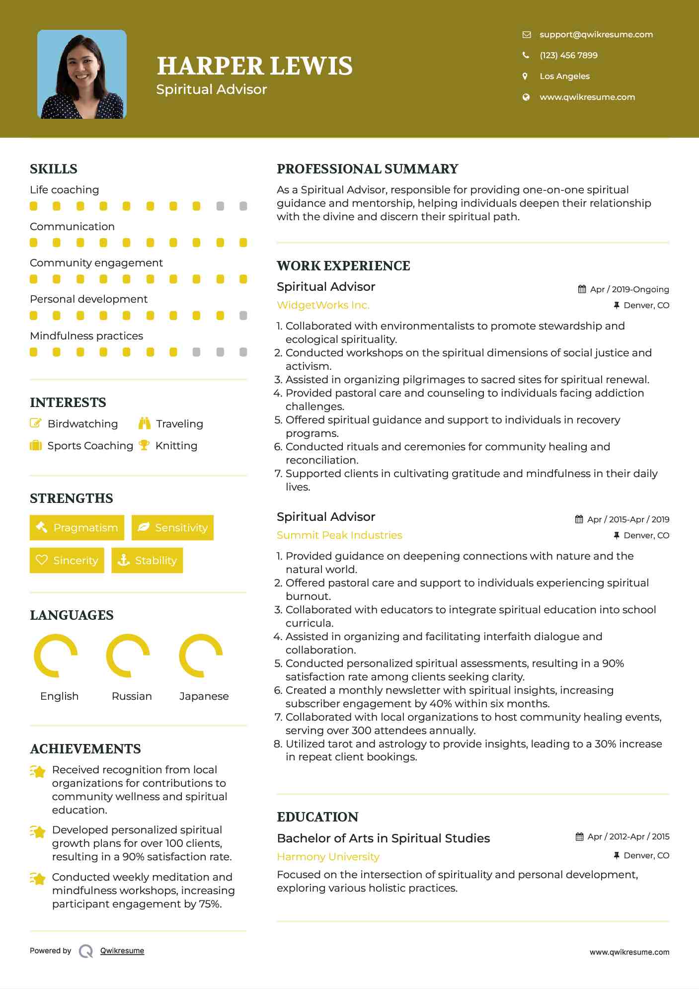 Spiritual Advisor Resume Sample