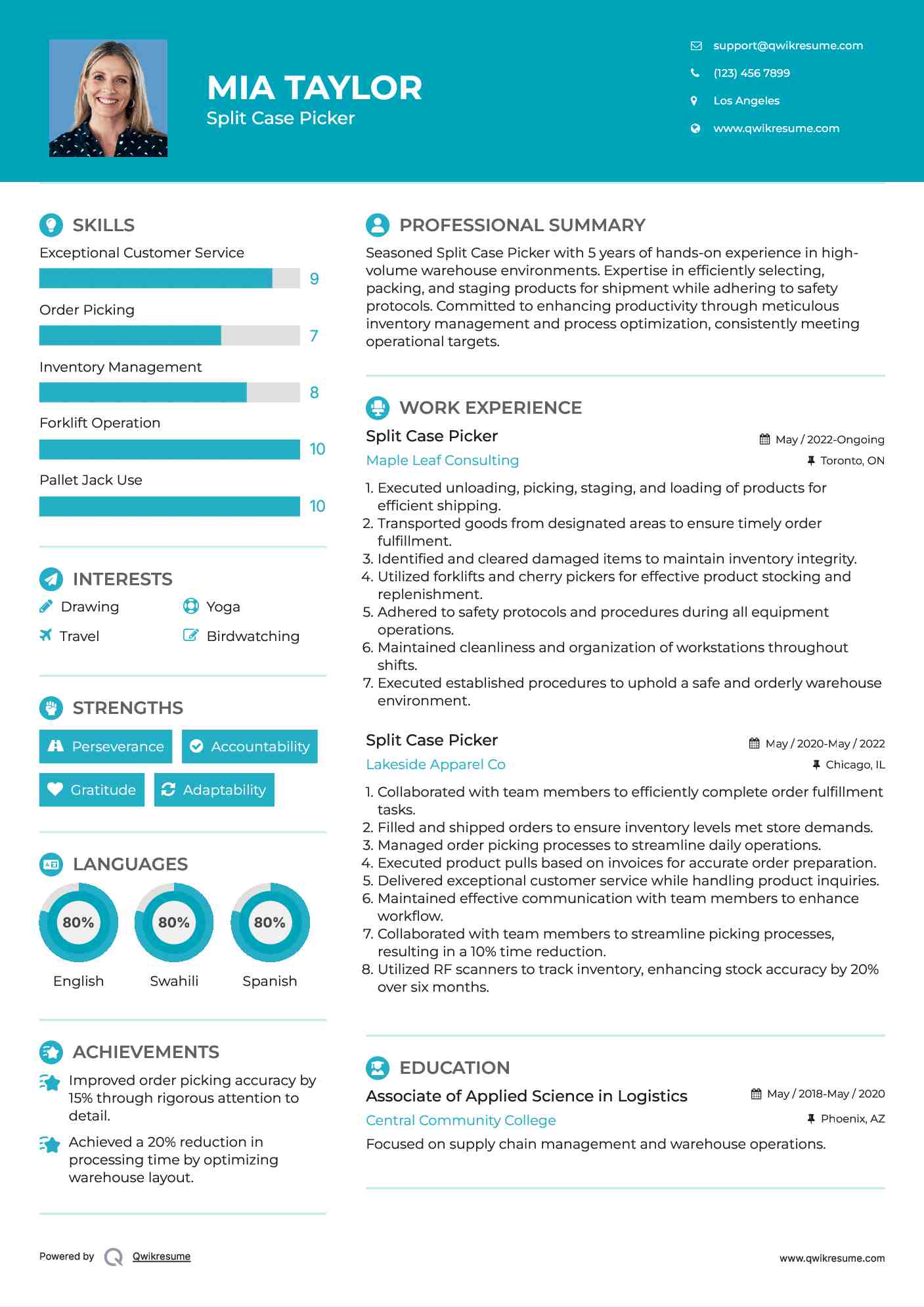 Split Case Picker Resume Sample