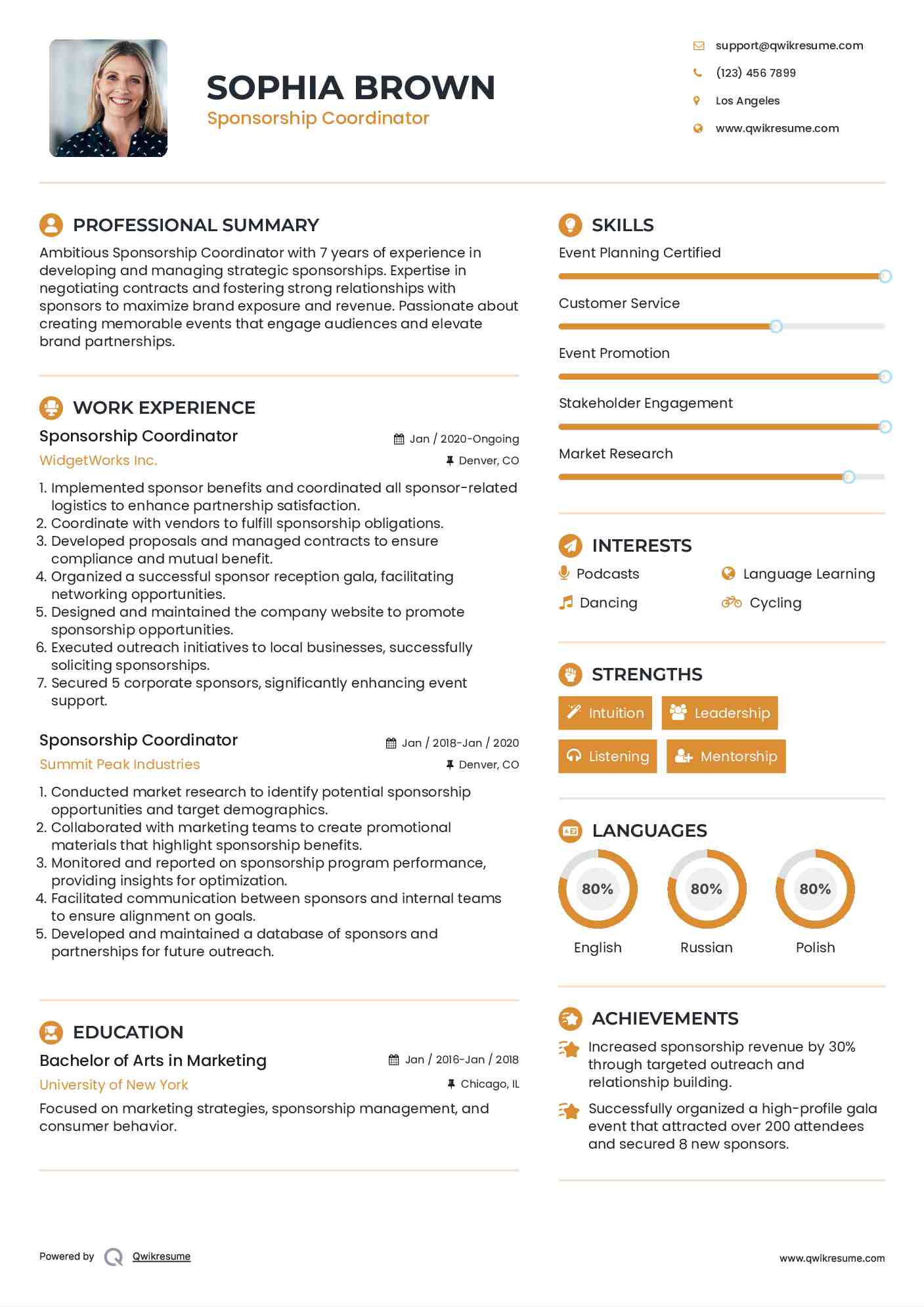 Sponsorship Coordinator Resume Model