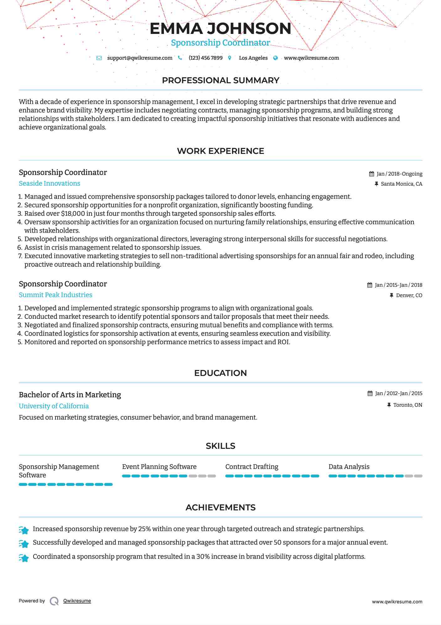 Sponsorship Coordinator Resume Sample