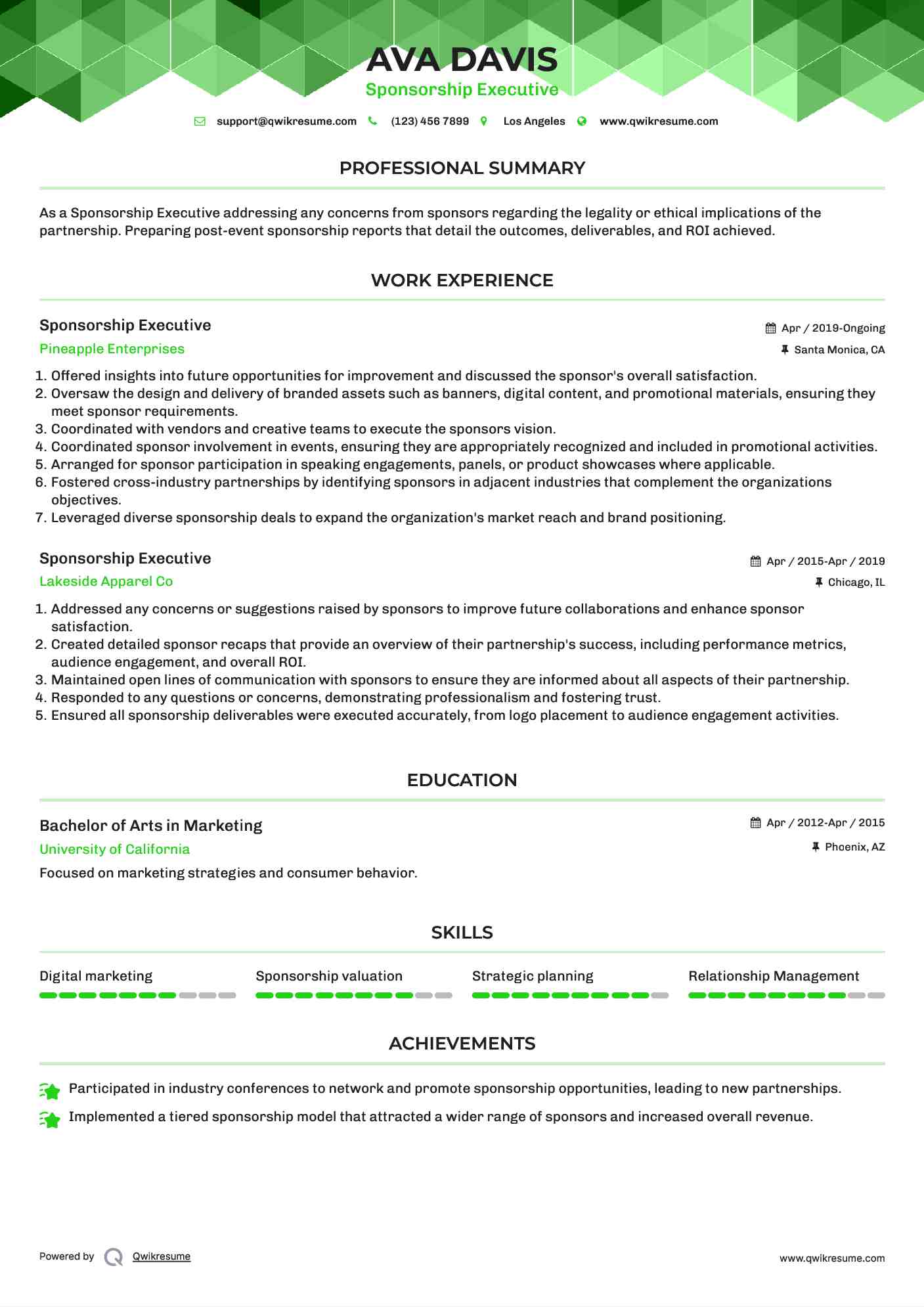 Sponsorship Executive Resume Example