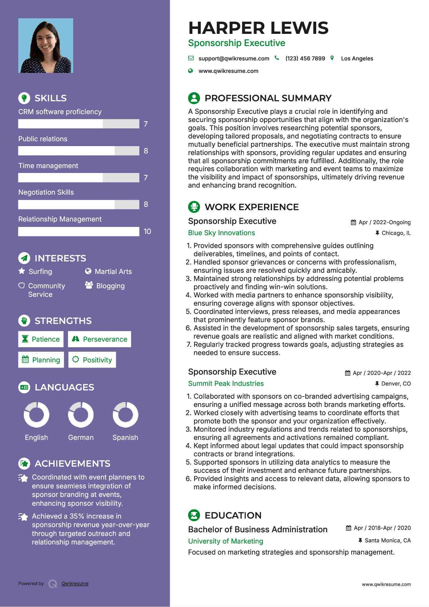 Sponsorship Executive Resume Sample