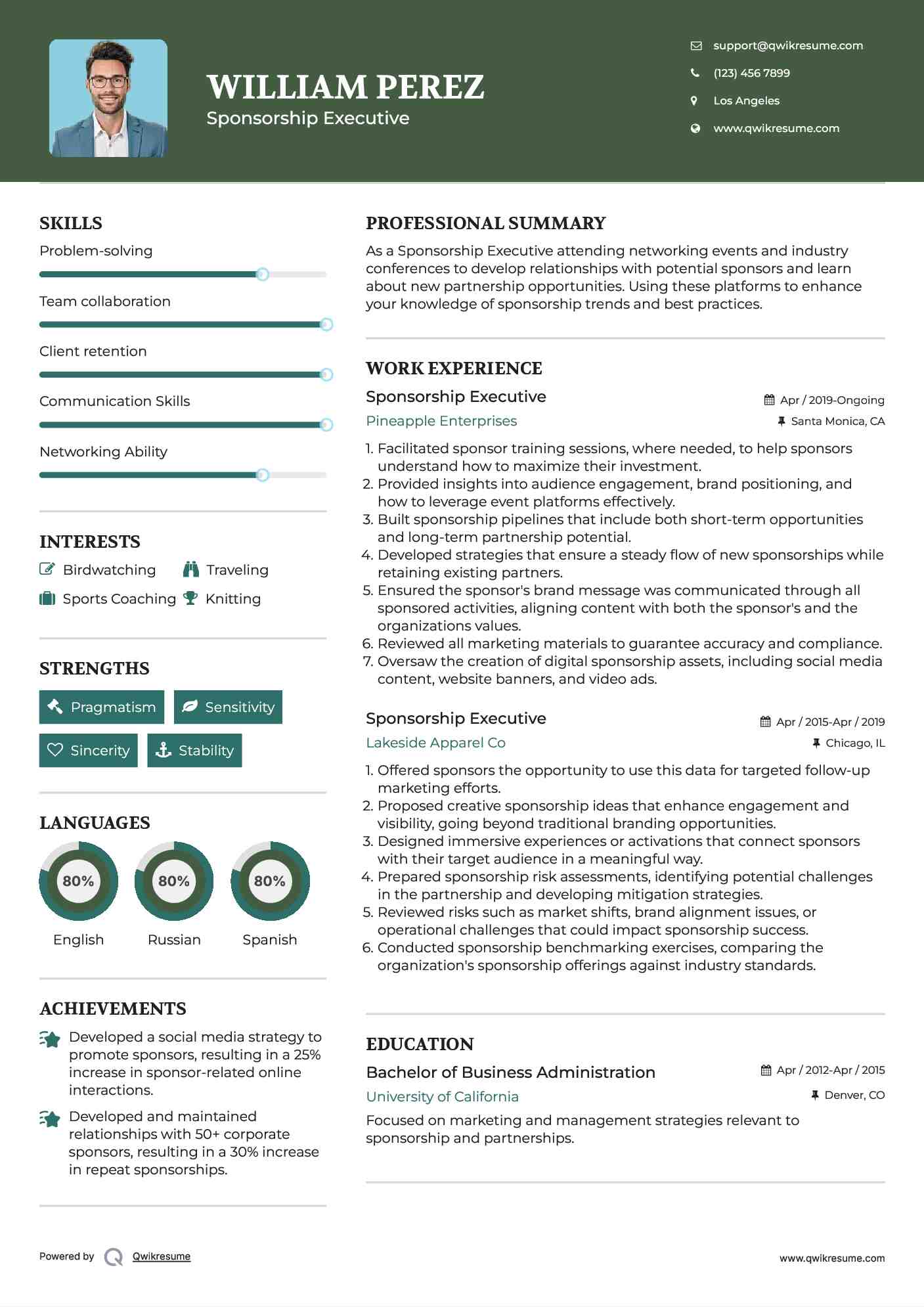 Sponsorship Executive Resume Example