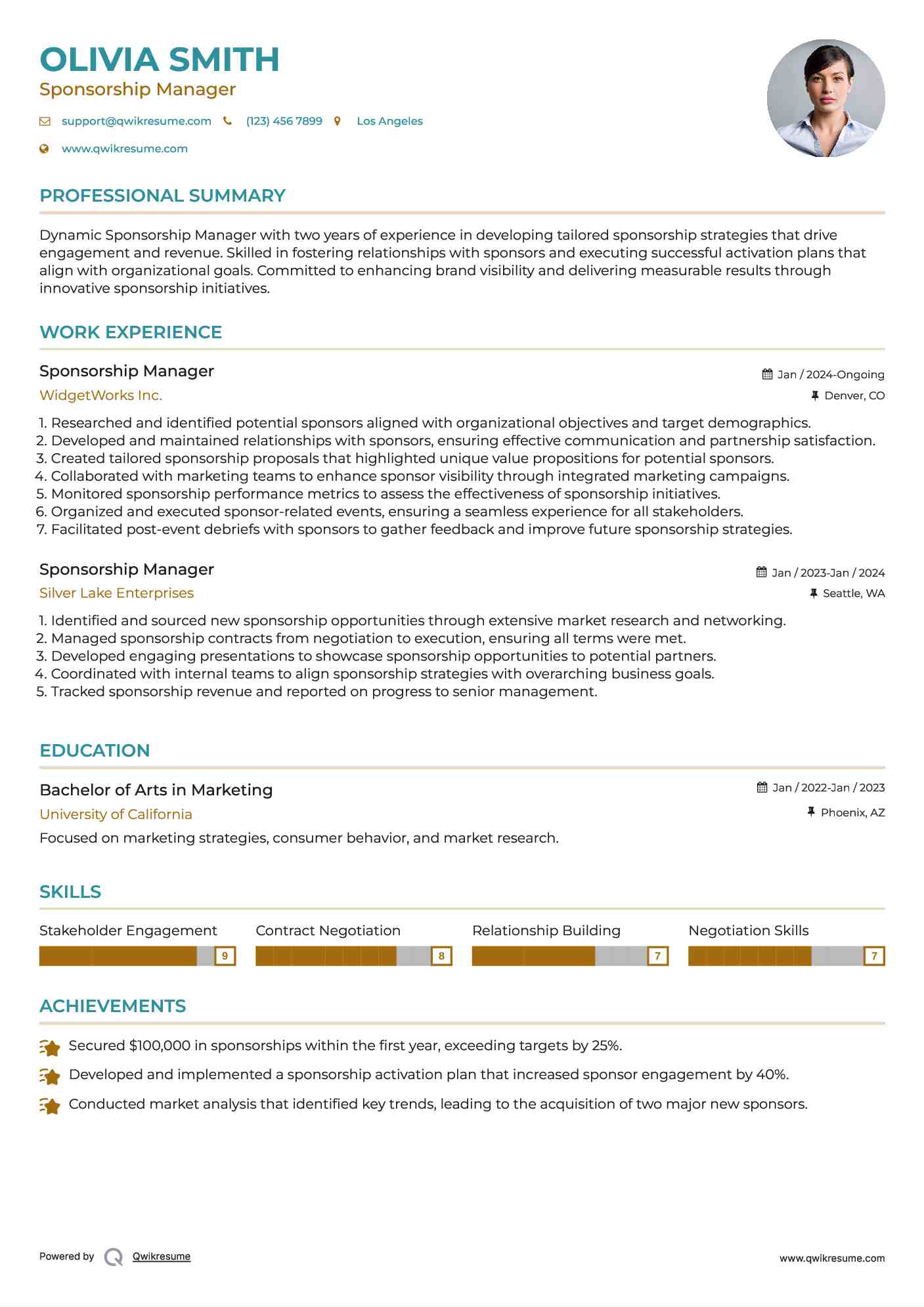Sponsorship Manager Resume Model