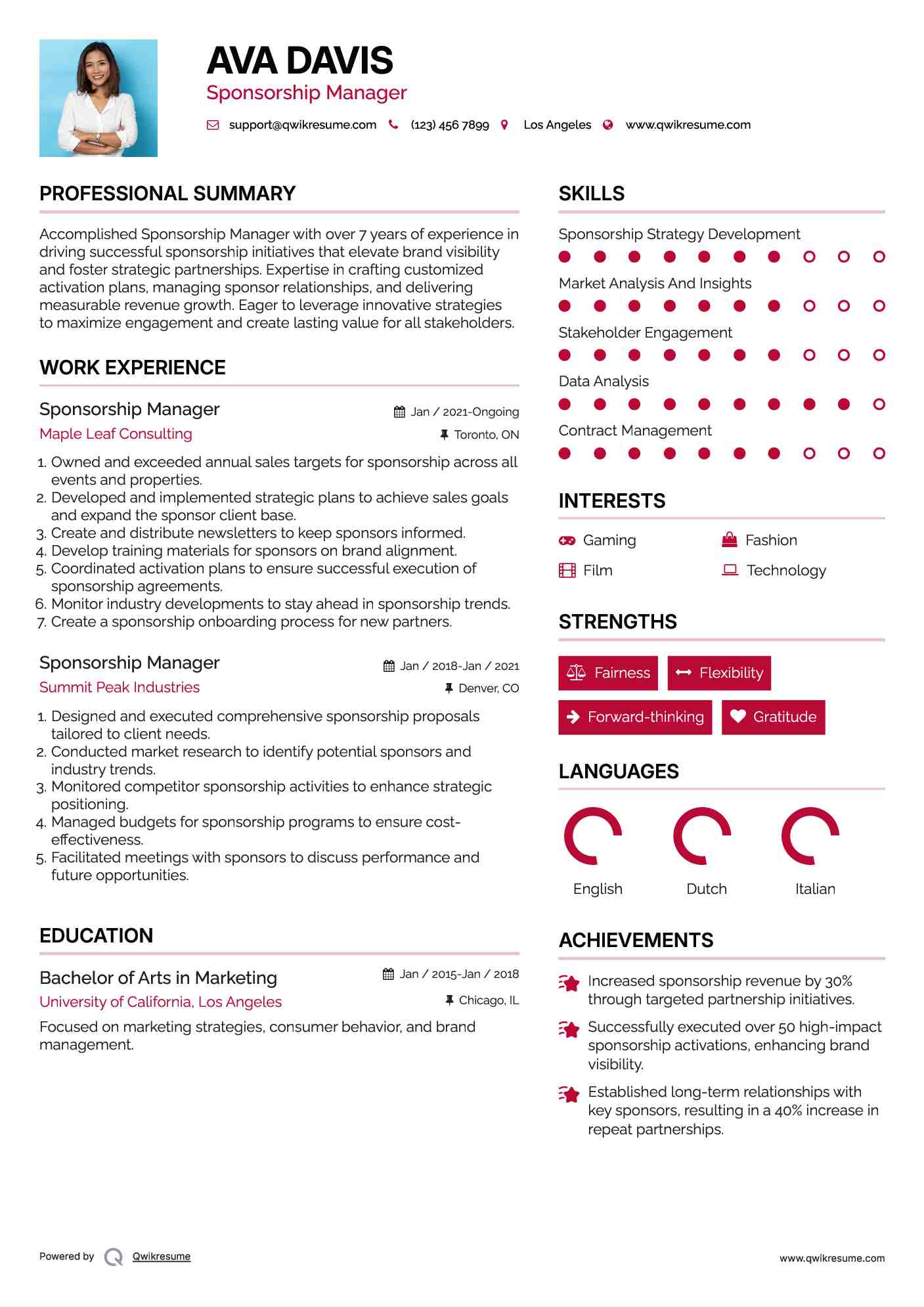 Sponsorship Manager Resume Model
