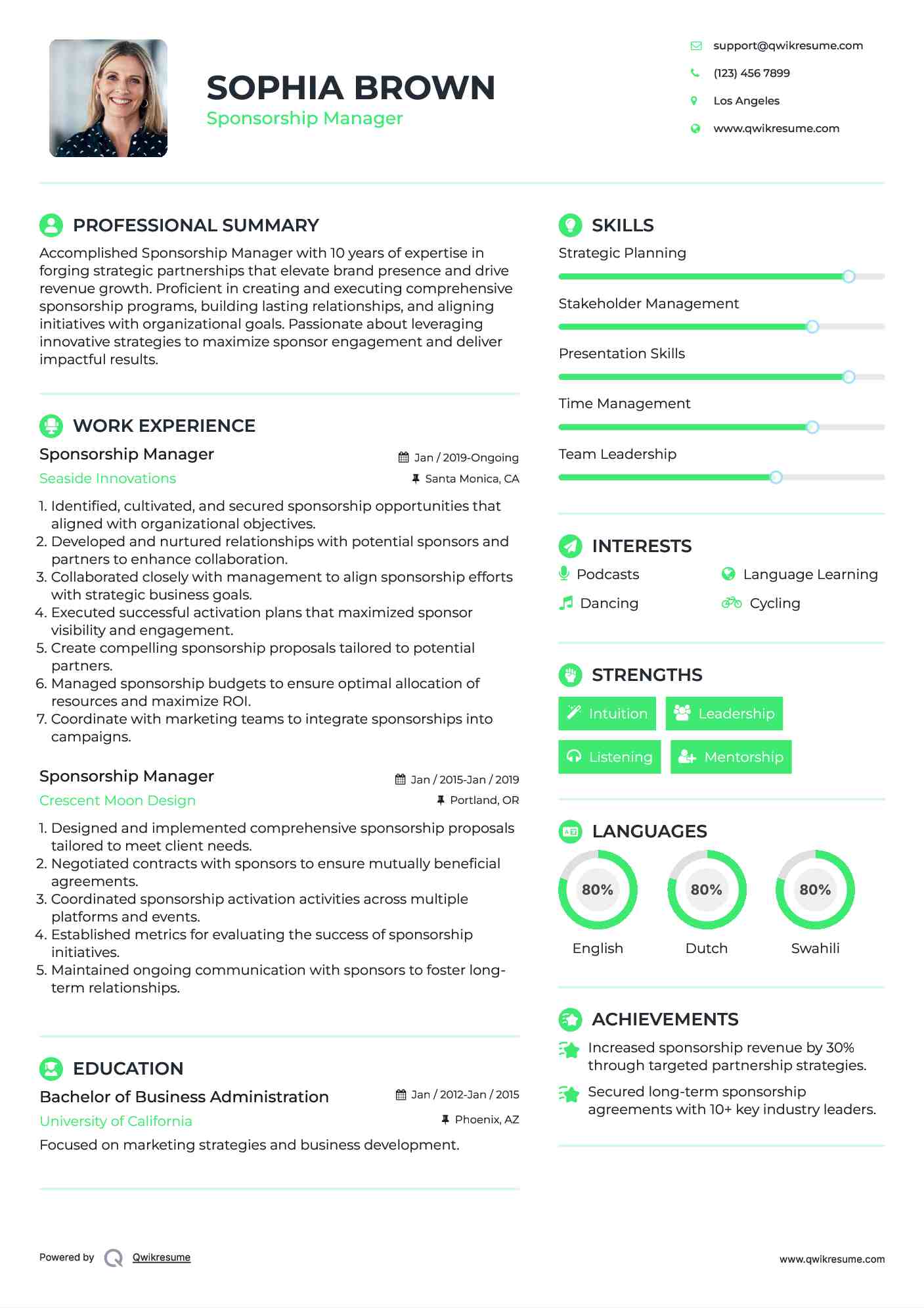 Sponsorship Manager Resume Sample