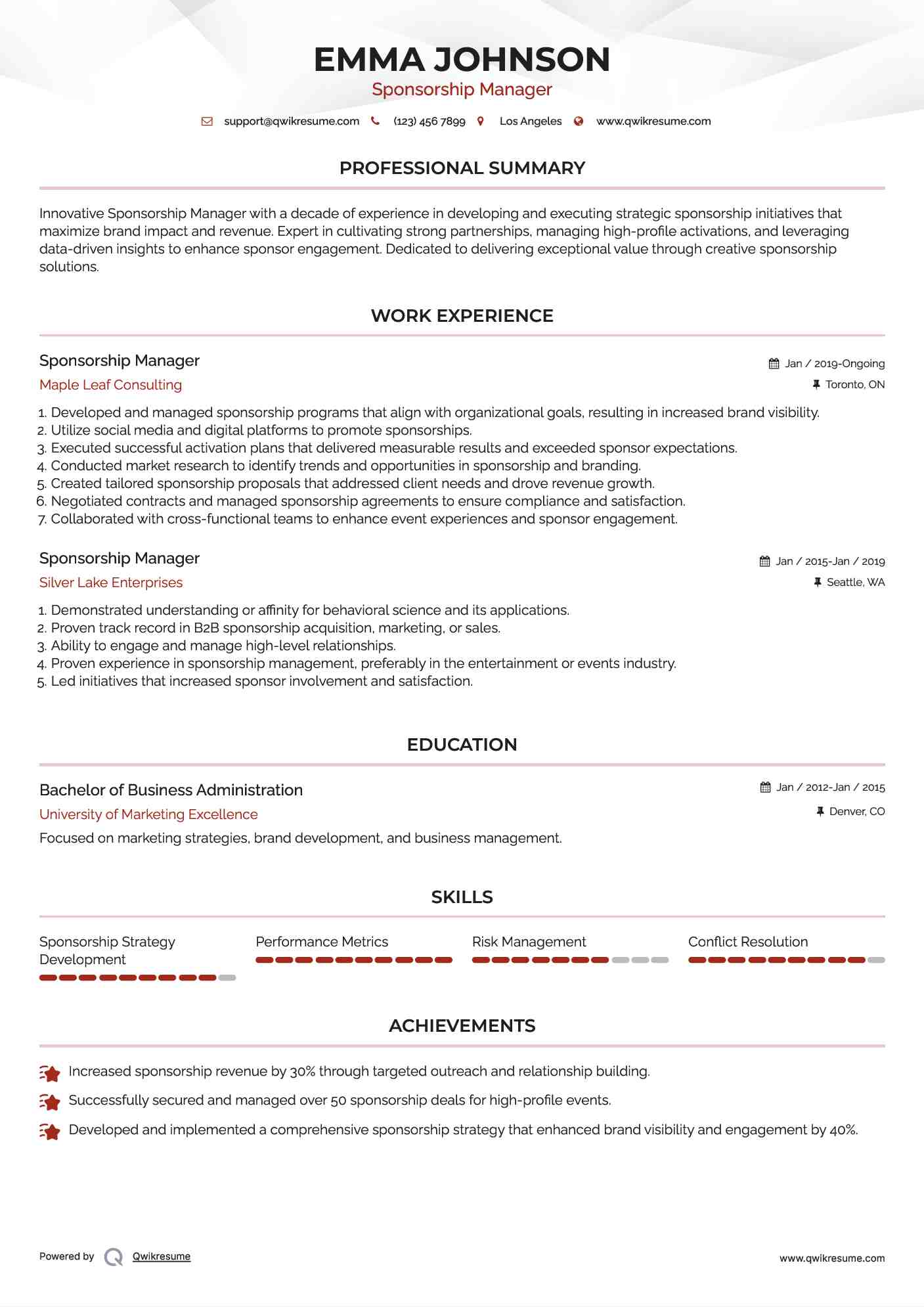 Sponsorship Manager Resume Sample