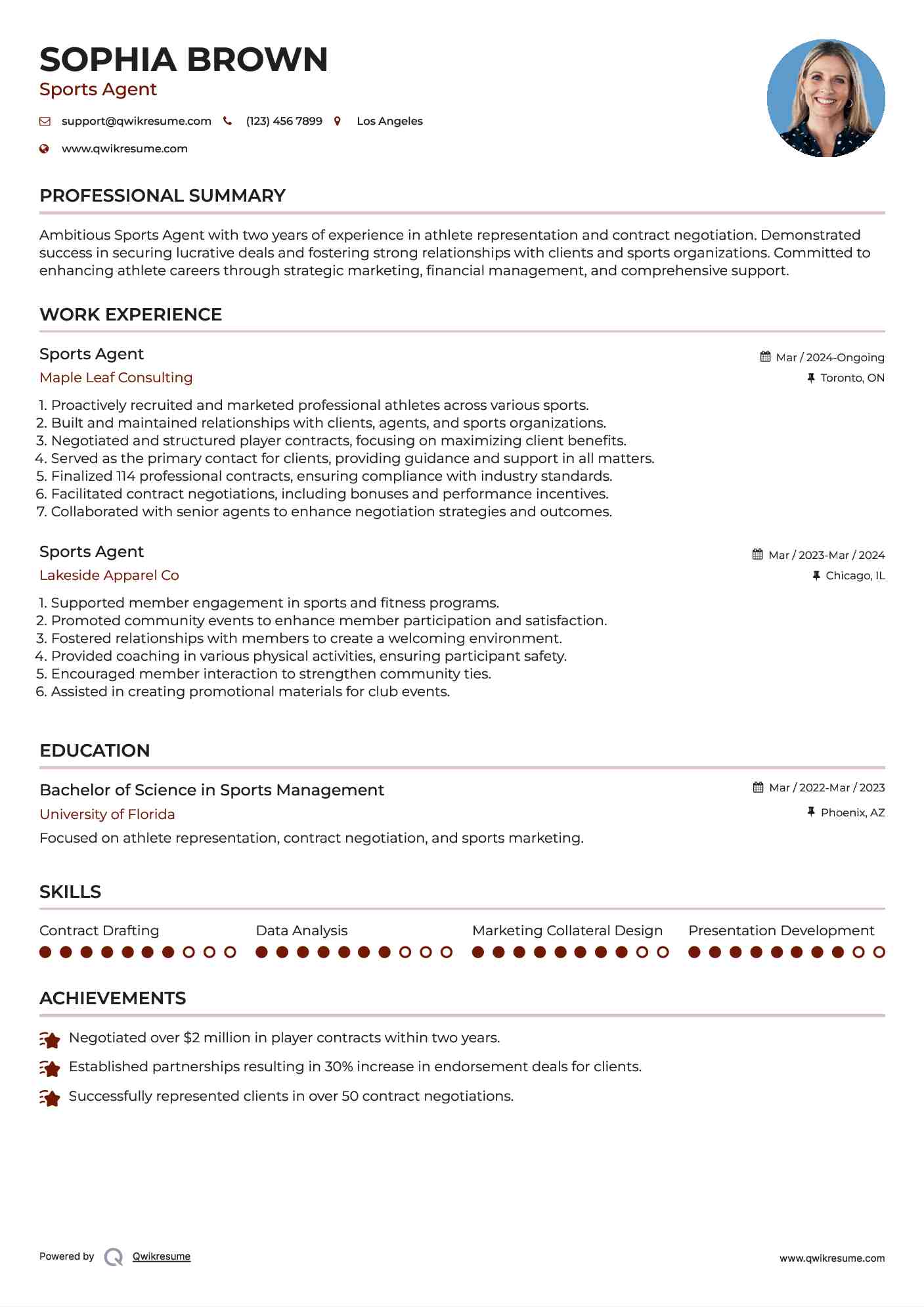 Sports Agent Resume Model