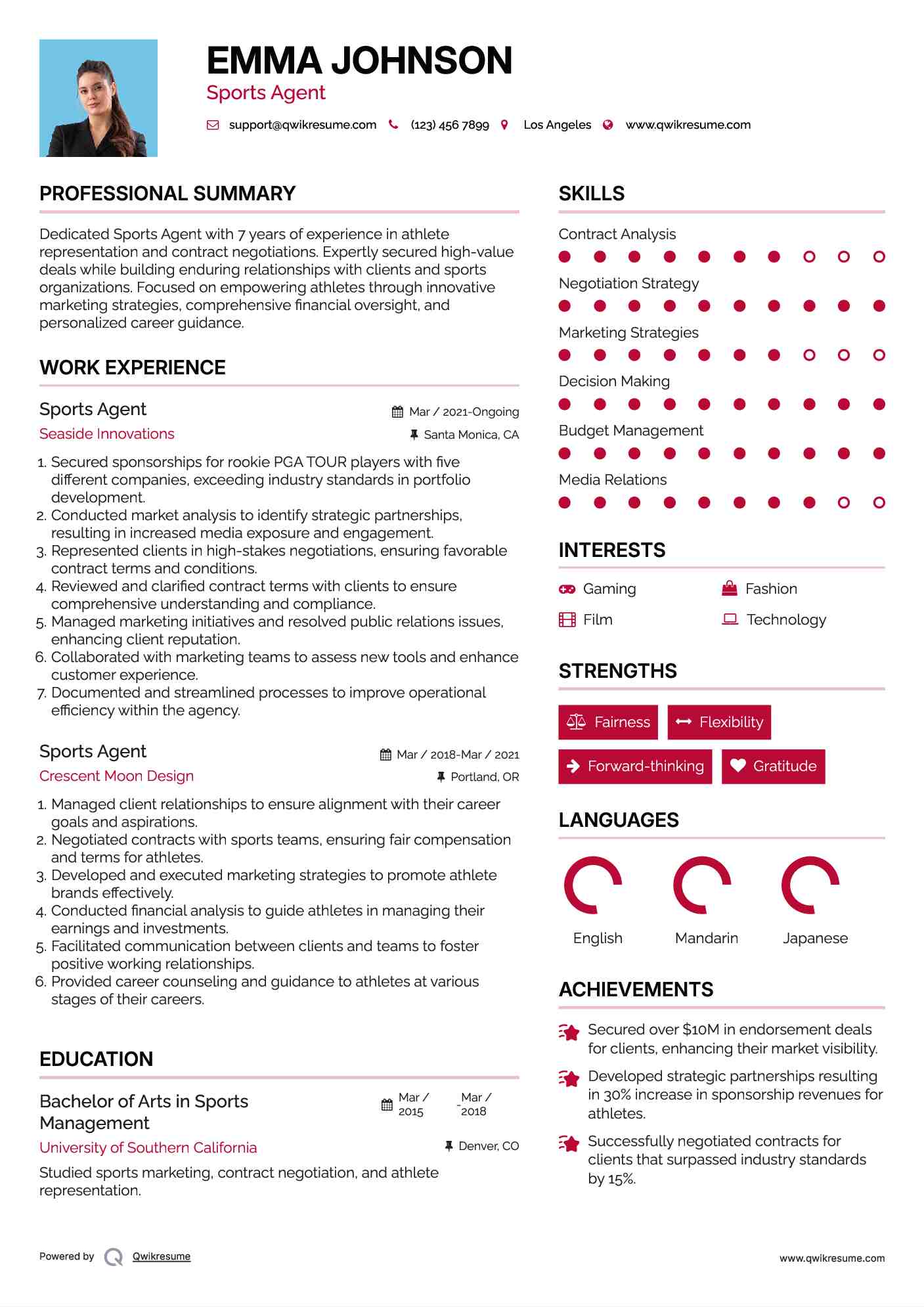 Sports Agent Resume Sample