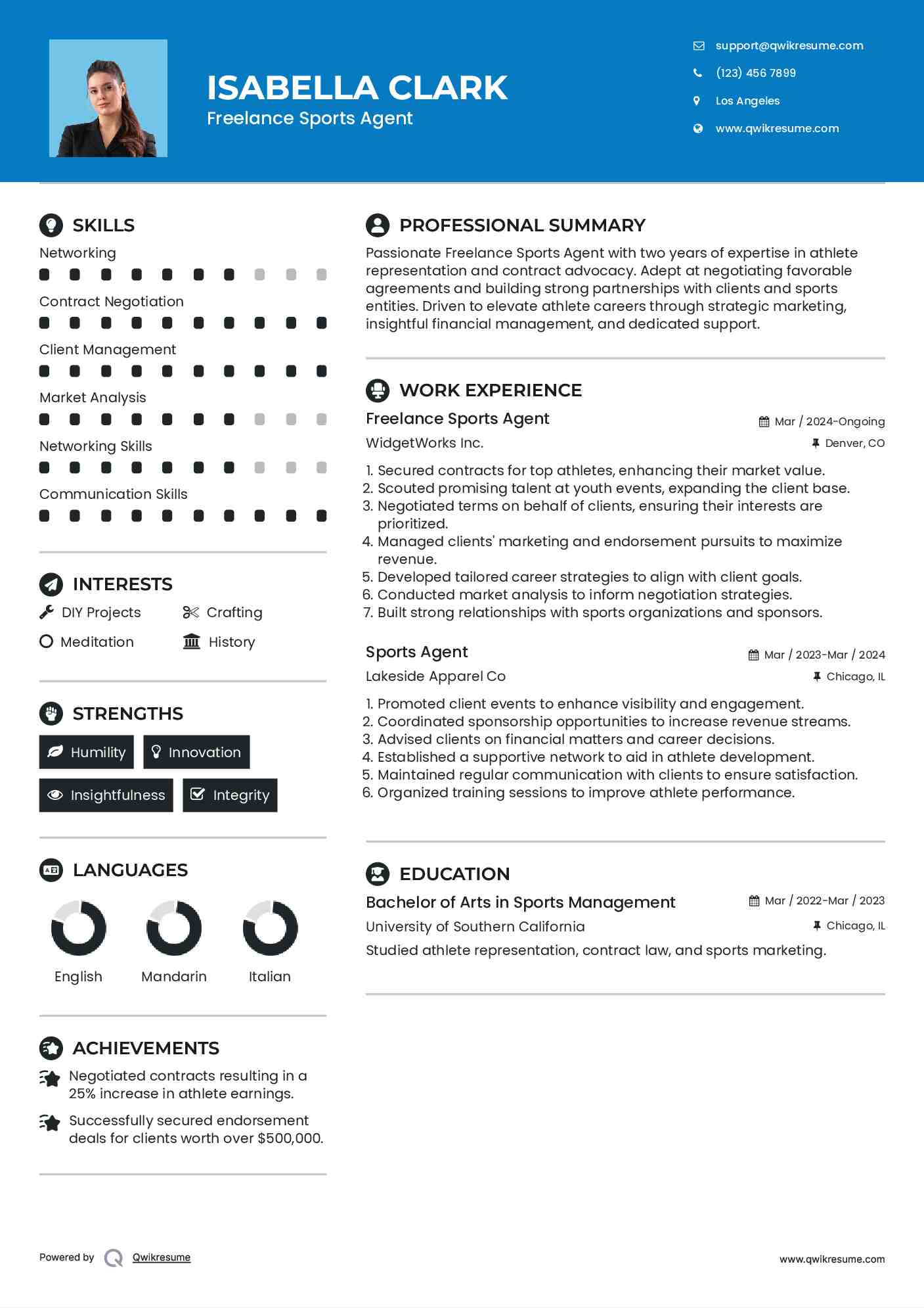 Freelance Sports Agent Resume Model