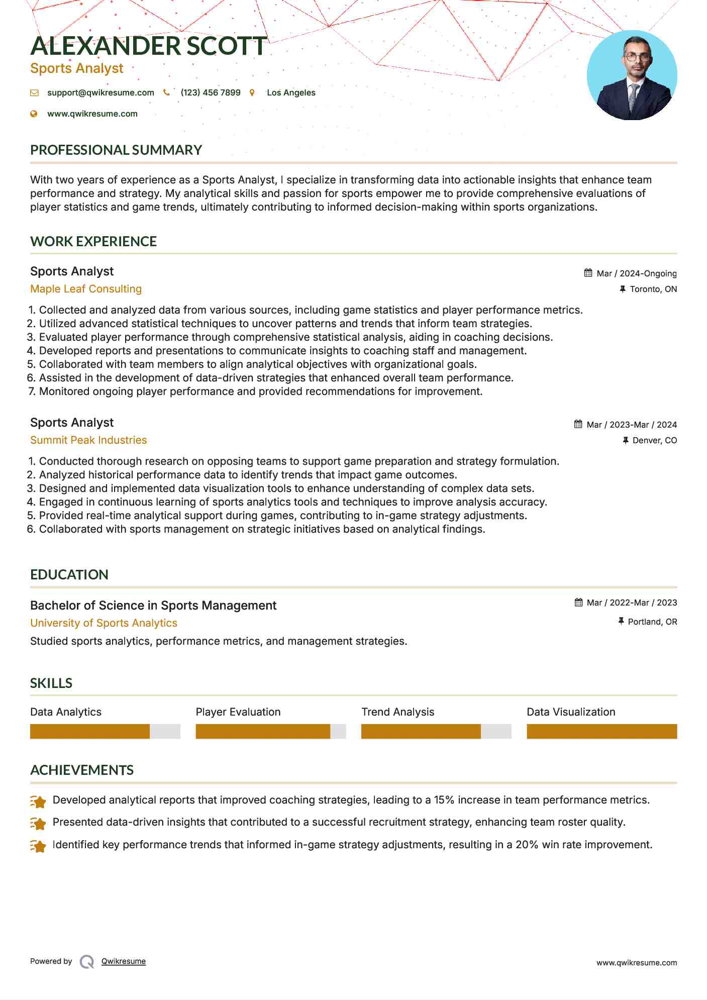 Sports Analyst Resume Example