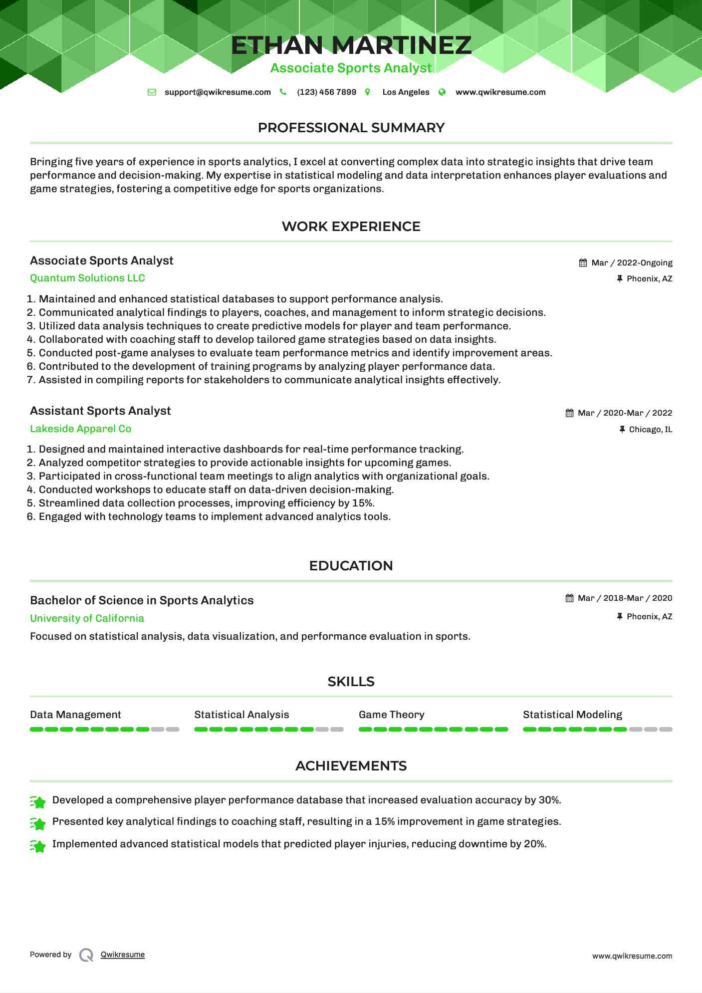 Associate Sports Analyst Resume Example