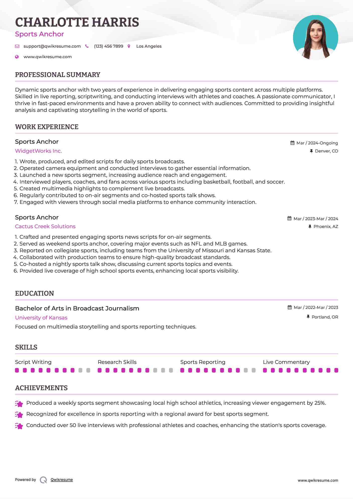 Sports Anchor Resume Example